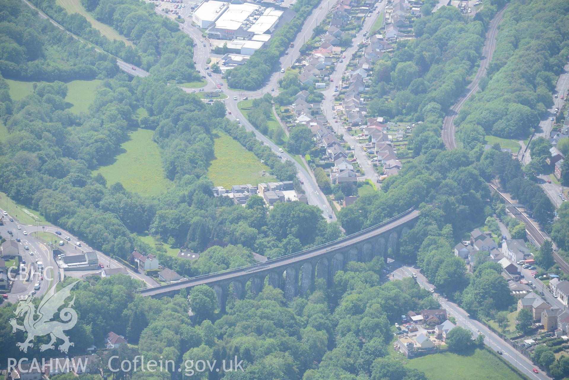 Viaduct between the villages of Maesycwmmer and Hengoed, near Ystrad Mynach. Oblique aerial photograph taken during the Royal Commission's programme of archaeological aerial reconnaissance by Toby Driver on 11th June 2015.