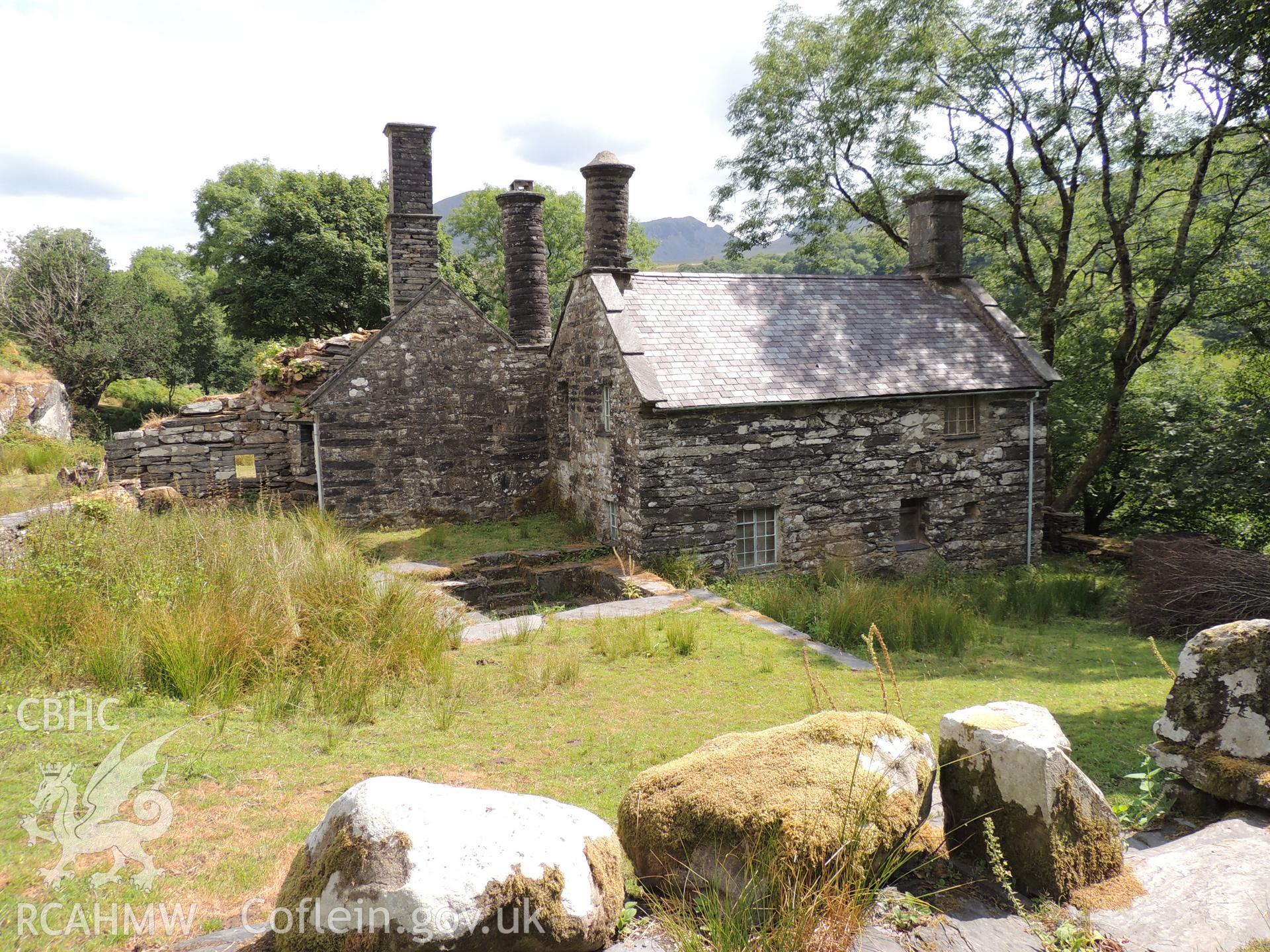 'View looking east at Parc house.' Photographed as part of desk based assessment and heritage impact assessment of a hydro scheme on the Afon Croesor, Brondanw Estate, Gwynedd. Produced by Archaeology Wales for Renewables First Ltd. 2018.
