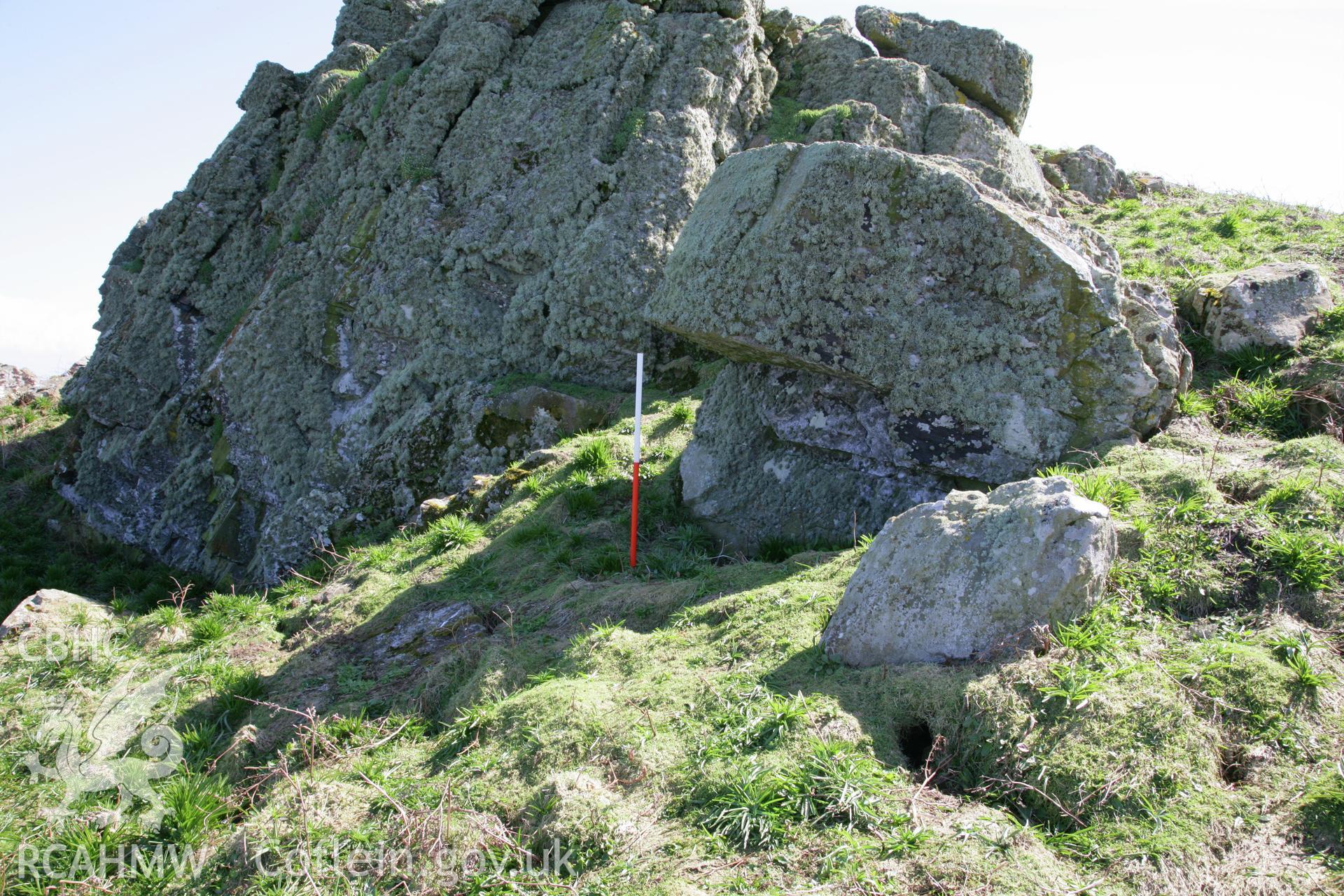 Investigator's photography of historic, post-medieval stone quarry on the northern part of Skomer Island, photographed in April 2011.