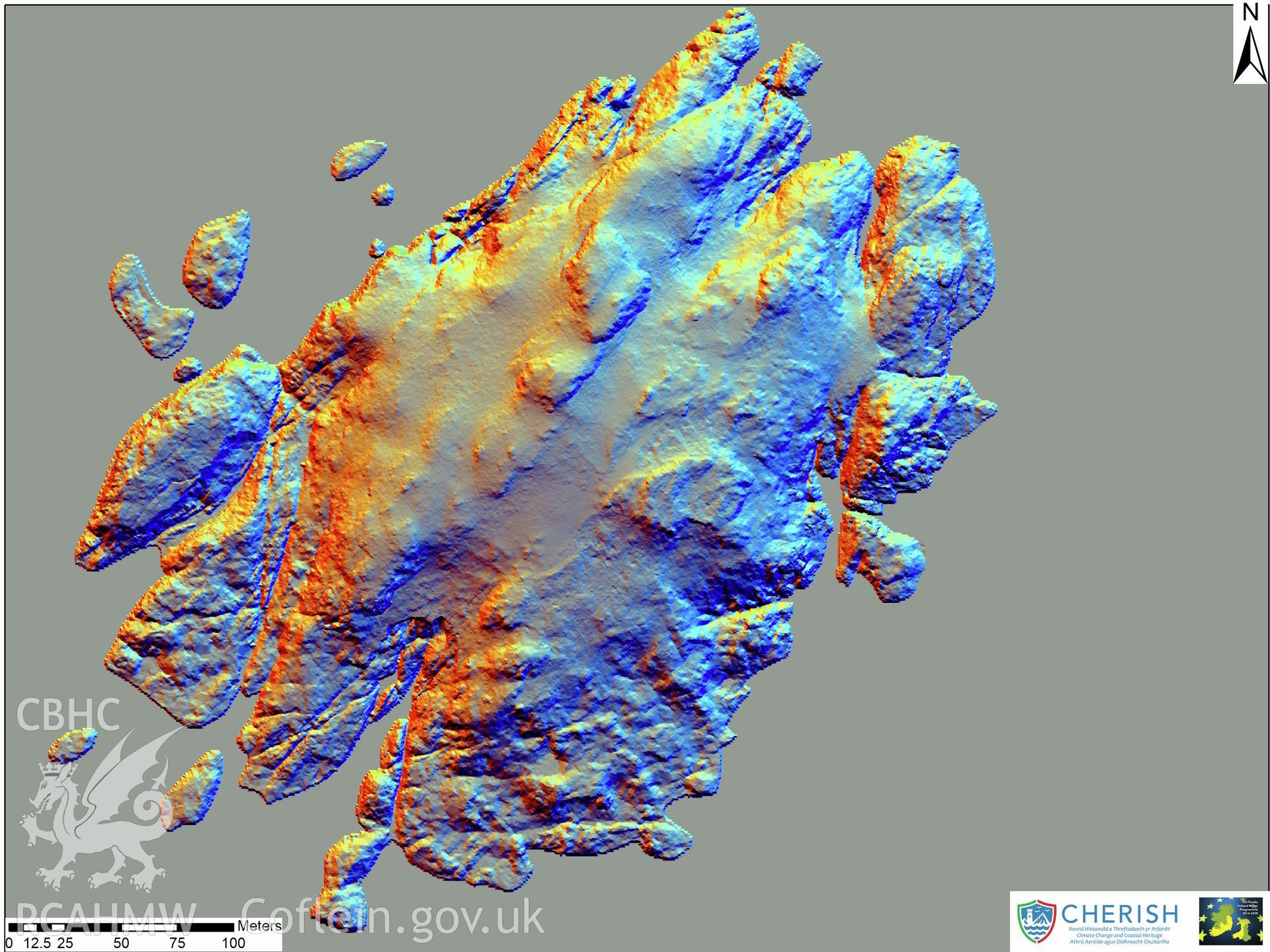 Ynys Gwales (Grassholm Island). Airborne laser scanning (LiDAR) commissioned by the CHERISH Project 2017-2021, flown by Bluesky International LTD at low tide on 24th February 2017. Digital Terrain Model (DTM) showing the overall view of the island with multi hill shading.