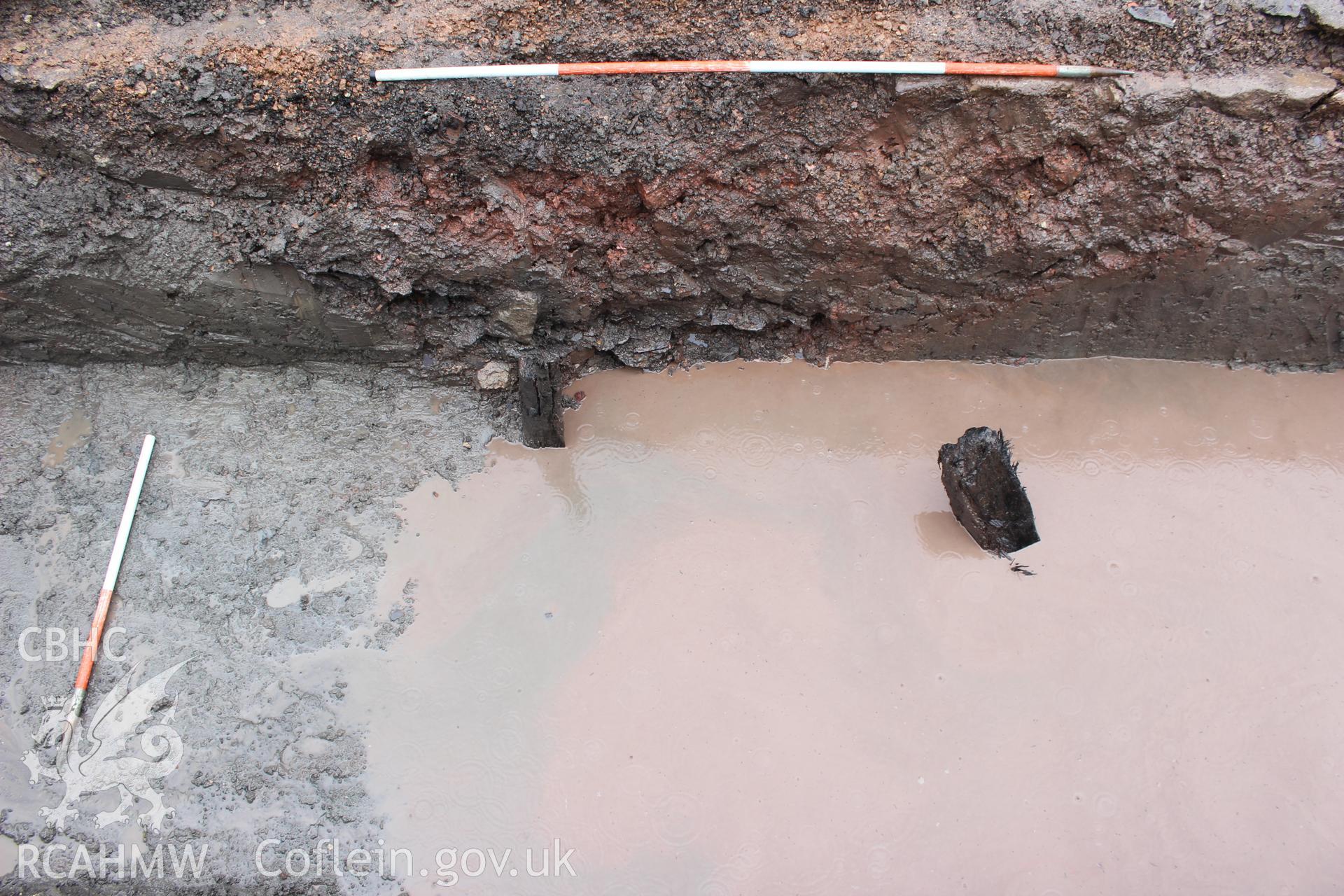 Detail shot of trench section and timbers. Photographed as part of an Archaeological Evaluation of The Bridge Inn, Chepstow, carried out by Archaeology Wales, 2015.