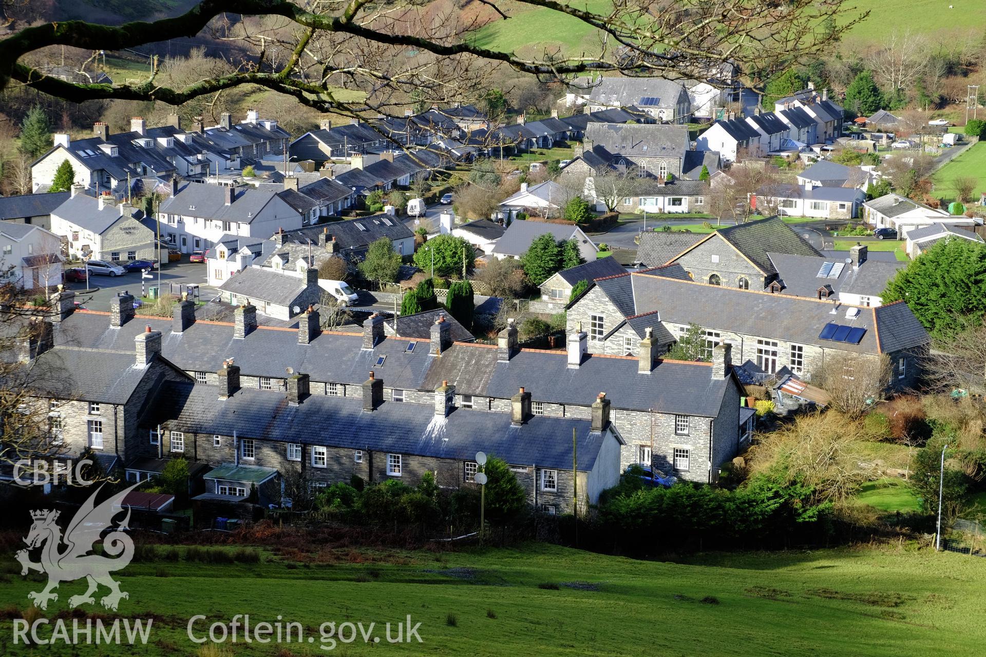 Colour photograph showing a view looking north at Abergynolwyn village, produced by Richard Hayman 7th February 2017