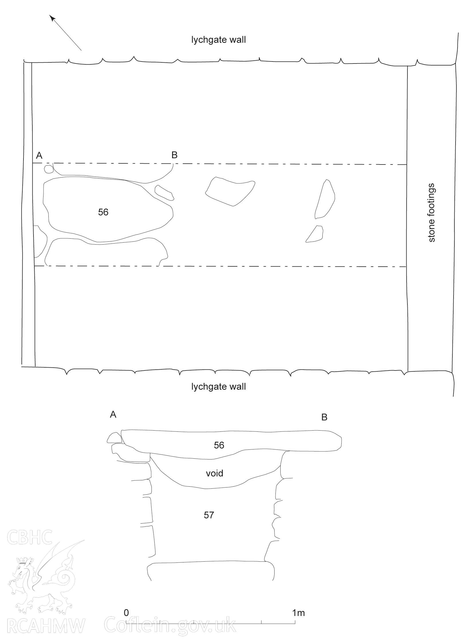 Drawing labelled 'lych gates' relating to CPAT Project 1930: St Bueno's Church, Llanycil, Gwynedd - Archaeological Watching Brief. Prepared by Kate Pack of Clwyd Powys Archaeological Trust. Report no. 1267.