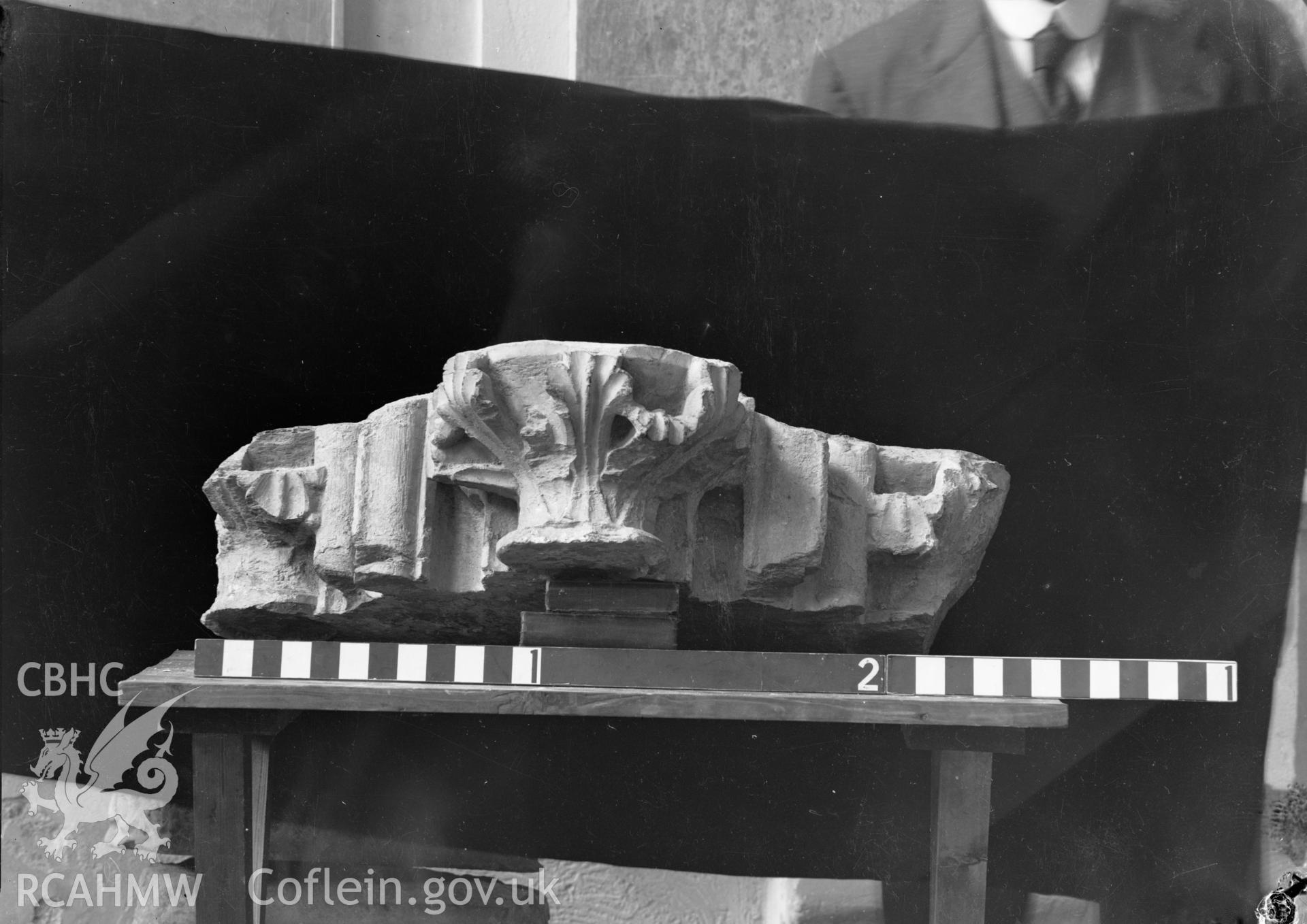 Digital copy of a black and white nitrate negative showing detail of capital section at St. David's Cathedral, taken by E.W. Lovegrove, July 1936.