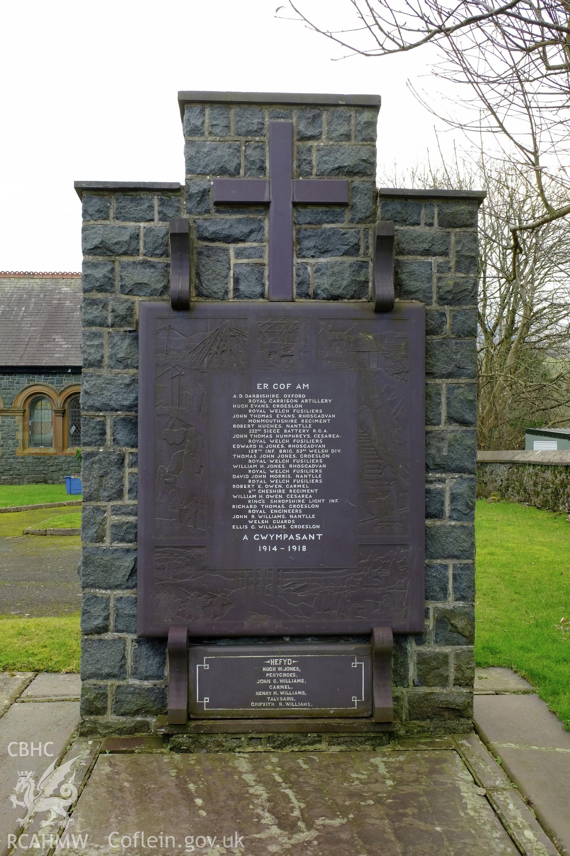 Colour photograph showing view looking south at Penyrorsedd War Memorial, Nantlle, produced by Richard Hayman 9th February 2017