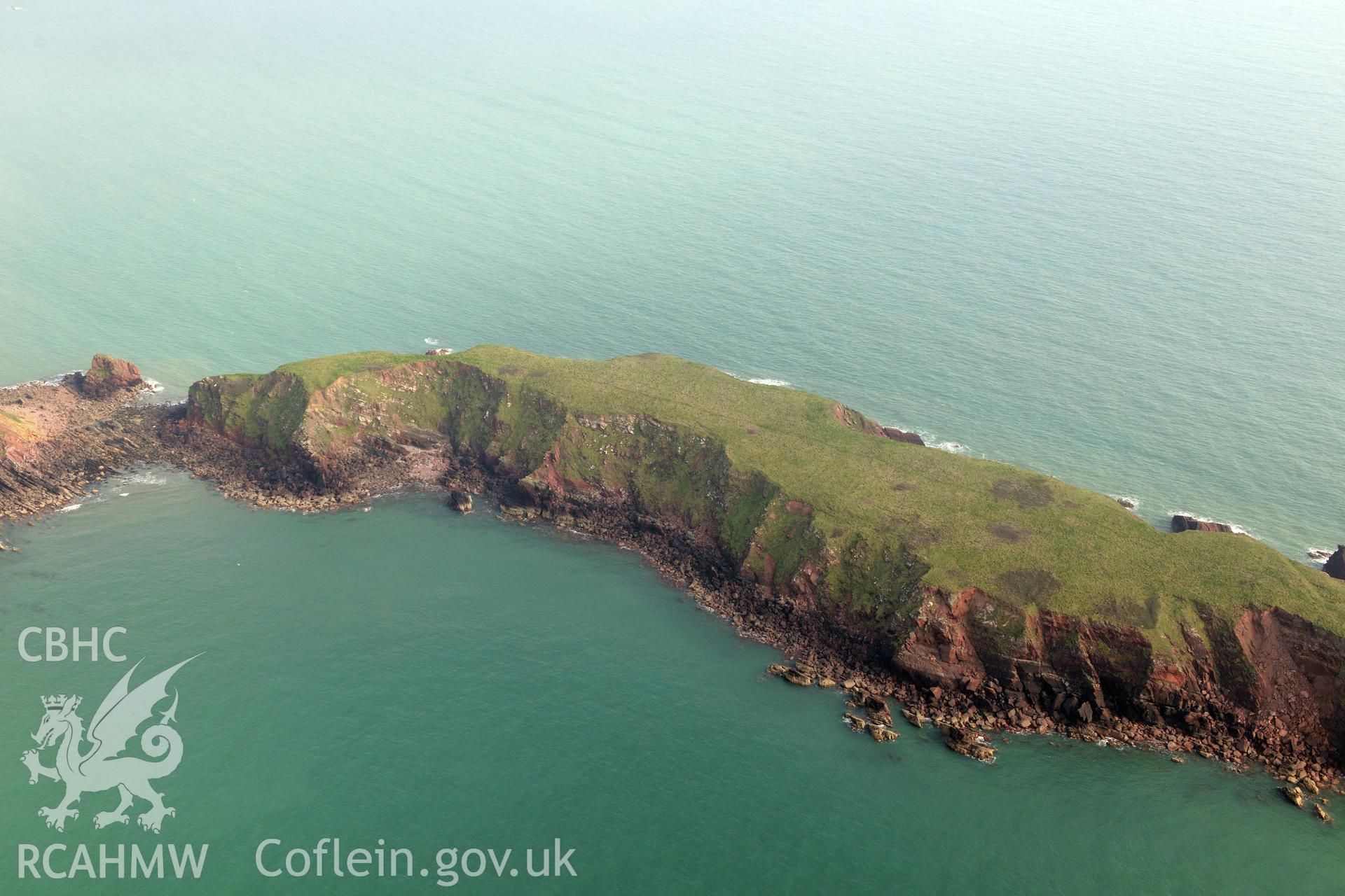 Aerial photography of Gateholm taken on 27th March 2017. Baseline aerial reconnaissance survey for the CHERISH Project. ? Crown: CHERISH PROJECT 2019. Produced with EU funds through the Ireland Wales Co-operation Programme 2014-2020. All material made freely available through the Open Government Licence.