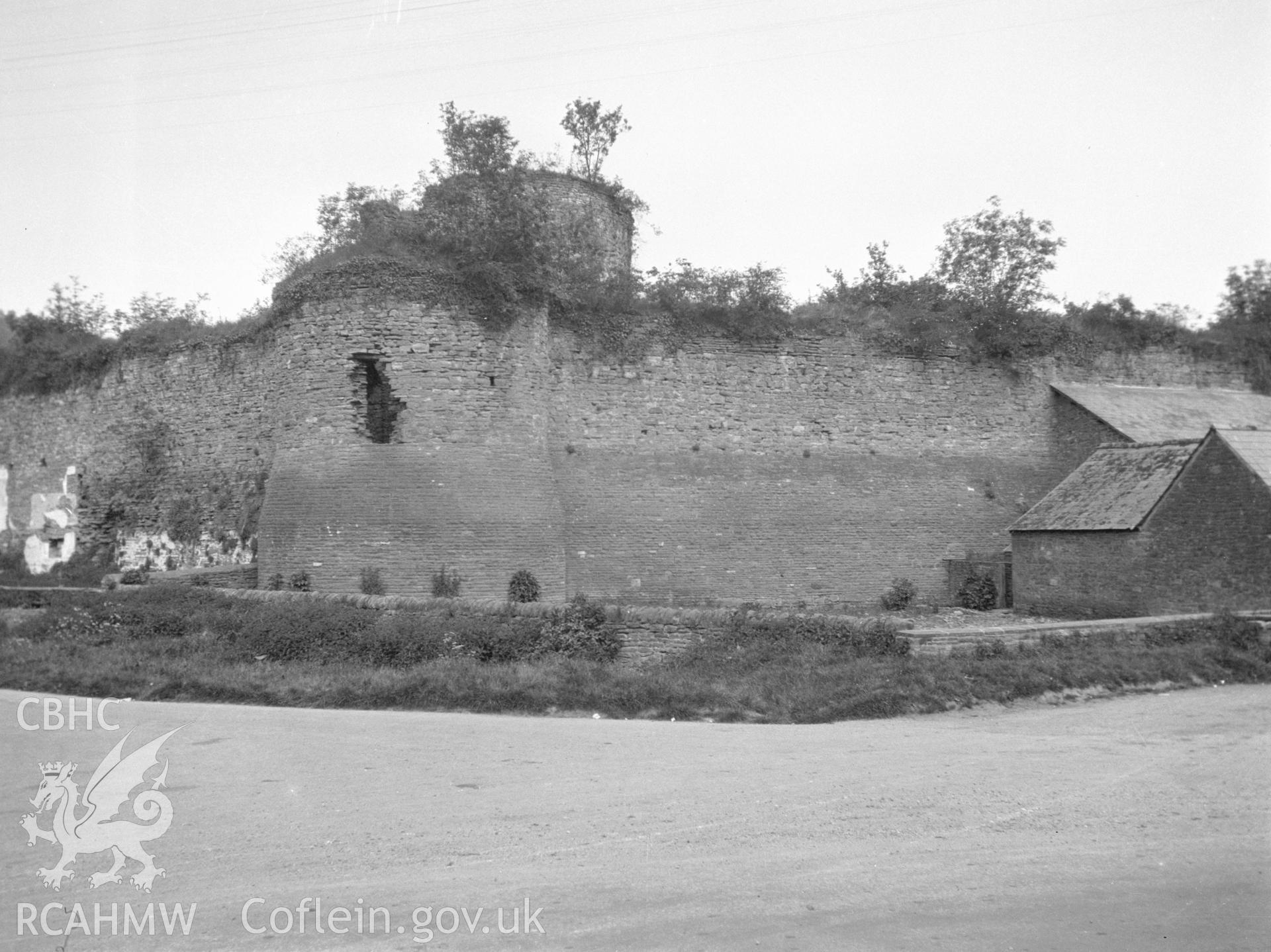 Digital copy of a nitrate negative showing exterior view of top of circular keep and bastion tower, Skenfrith Castle, taken circa 1934. From the National Building Record Postcard Collection.