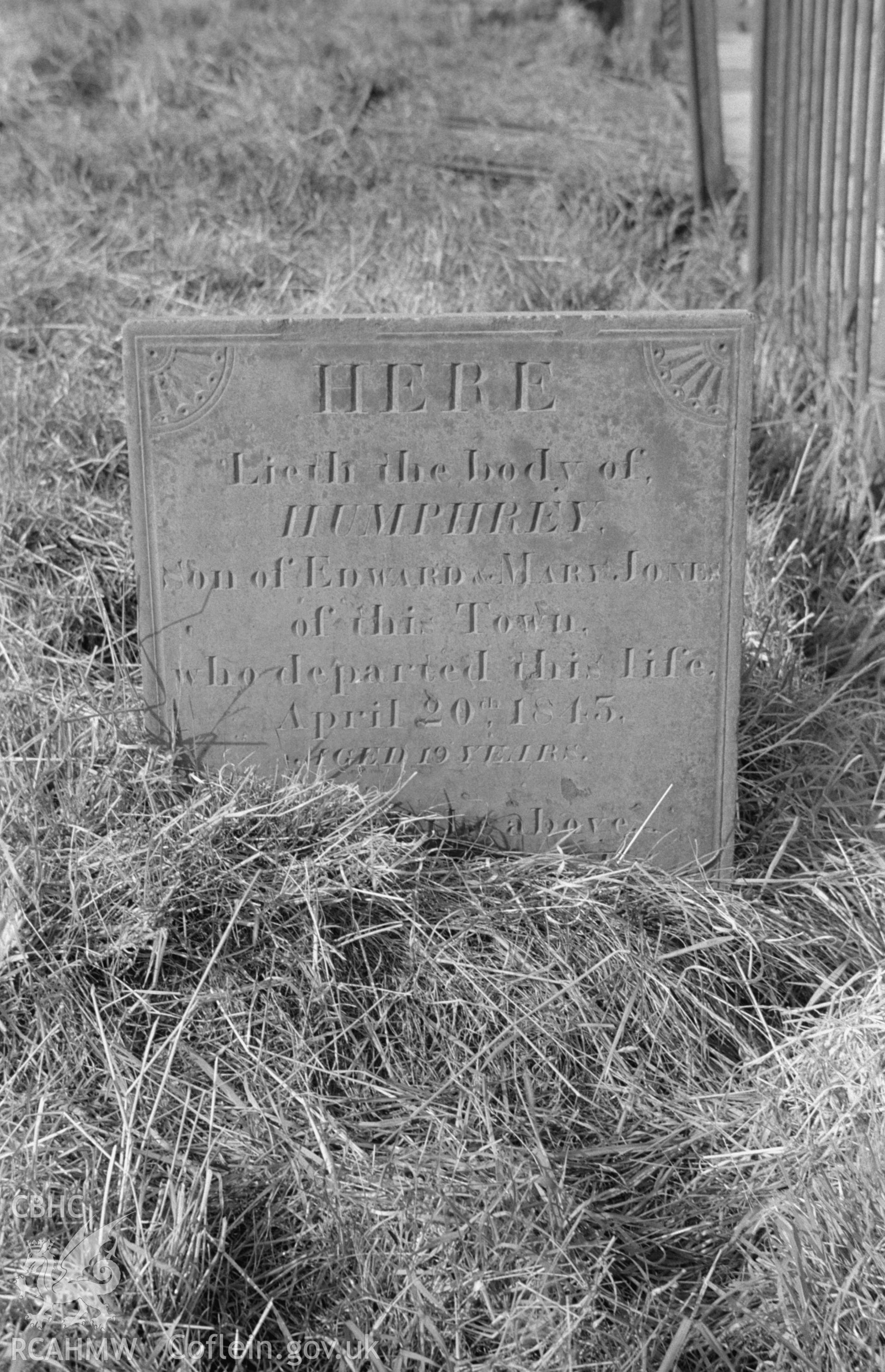 Digital copy of a black and white negative showing 1845 grave in memory of Humphrey, son of Edward and Mary Jones, in St. Michael's church graveyard, Aberystwyth. Photographed by Arthur O. Chater in September 1966.