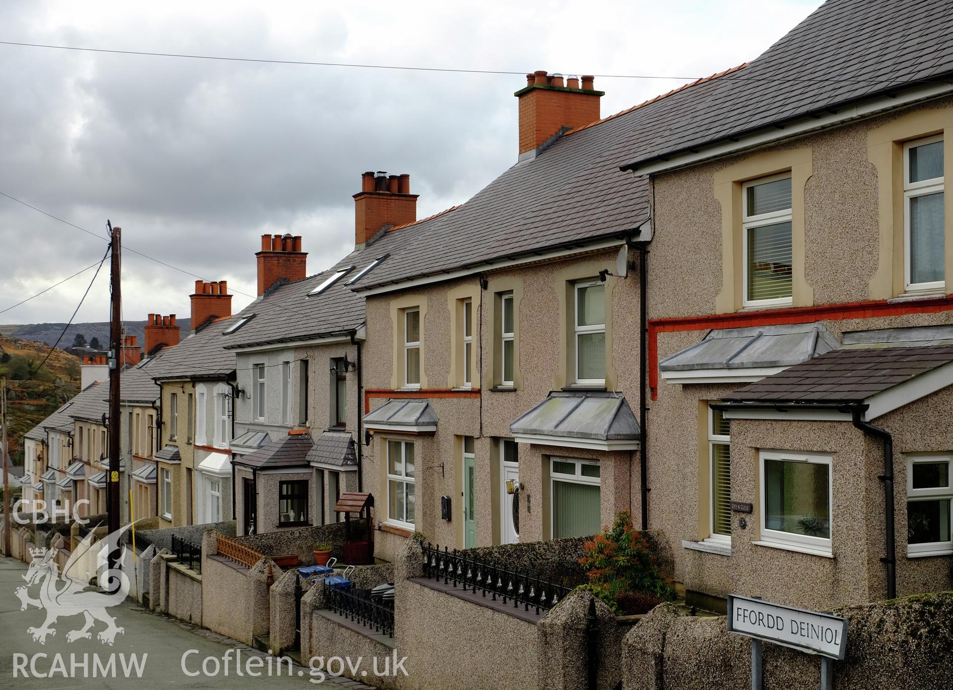 Colour photograph showing view looking south west at Ffordd Deiniol, Deiniolen, produced by Richard Hayman 2nd February 2017