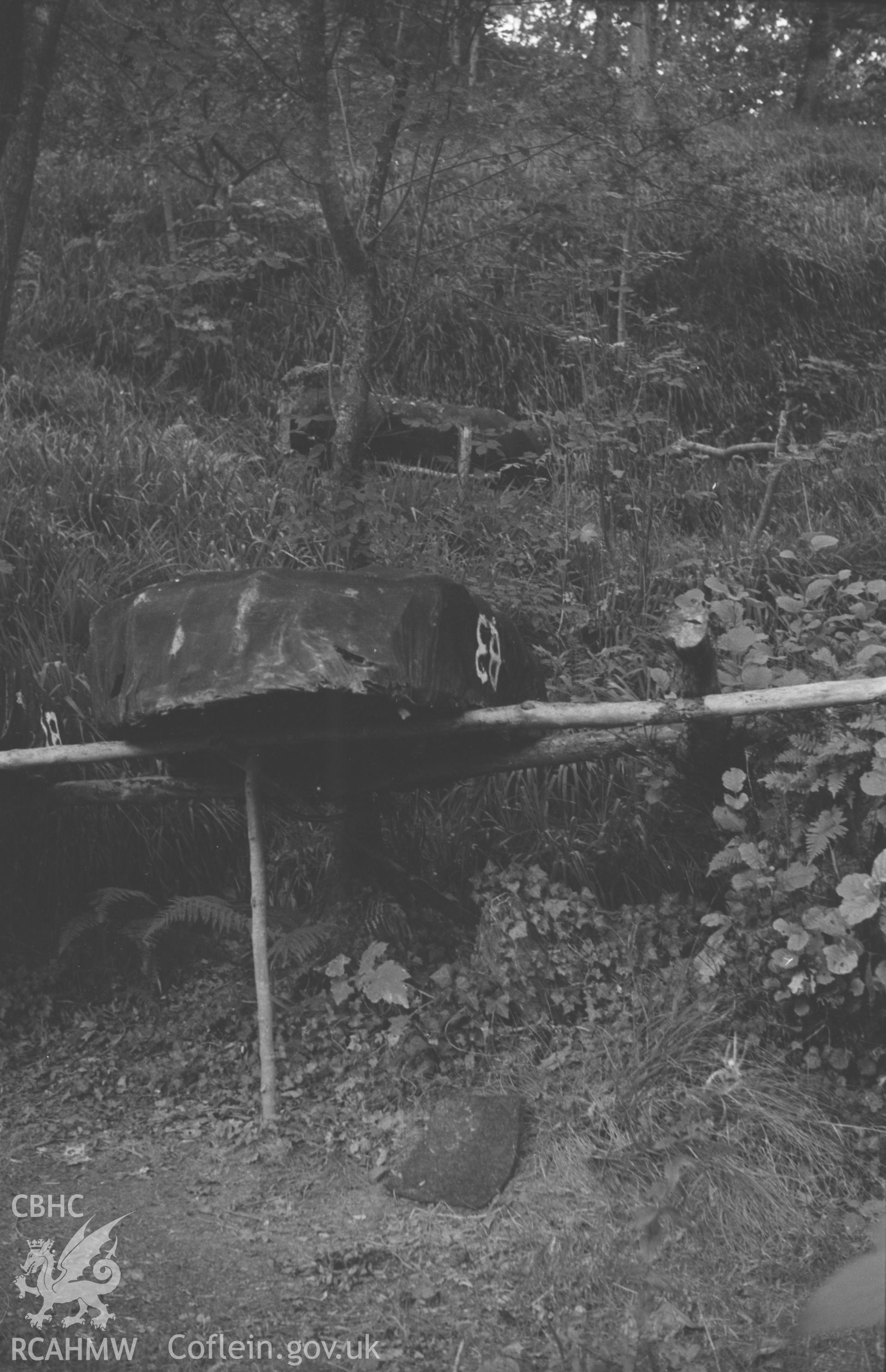 Digital copy of a black and white negative showing coracles on the east bank of the Teifi at Cwm Du, 1.5km north of Cilgerran. Photographed by Arthur O. Chater in September 1964 from Grid Reference SN 1943 4447.