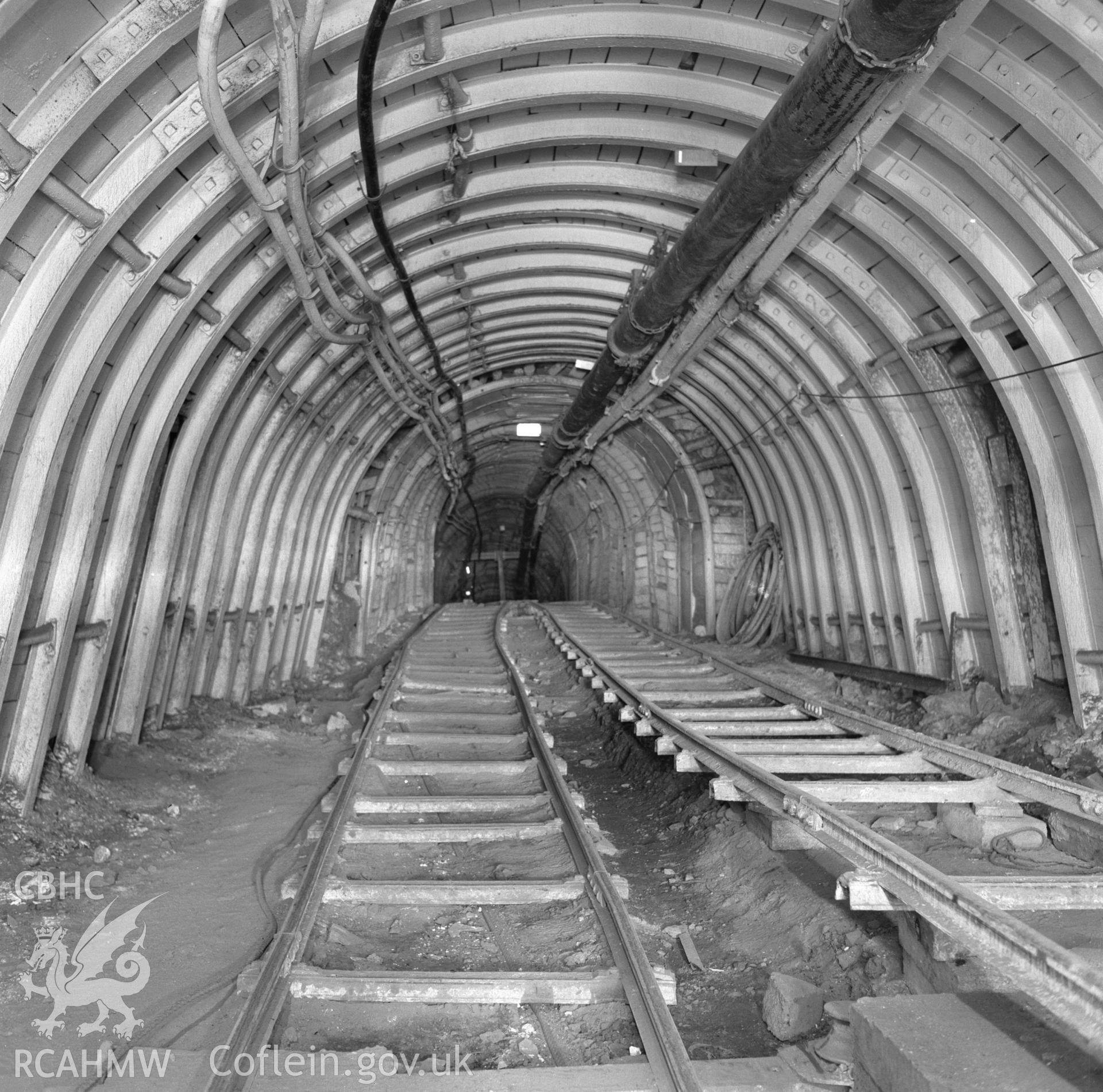 Digital copy of an acetate negative showing underground roadway at Blaenserchan Colliery, from the John Cornwell Collection.