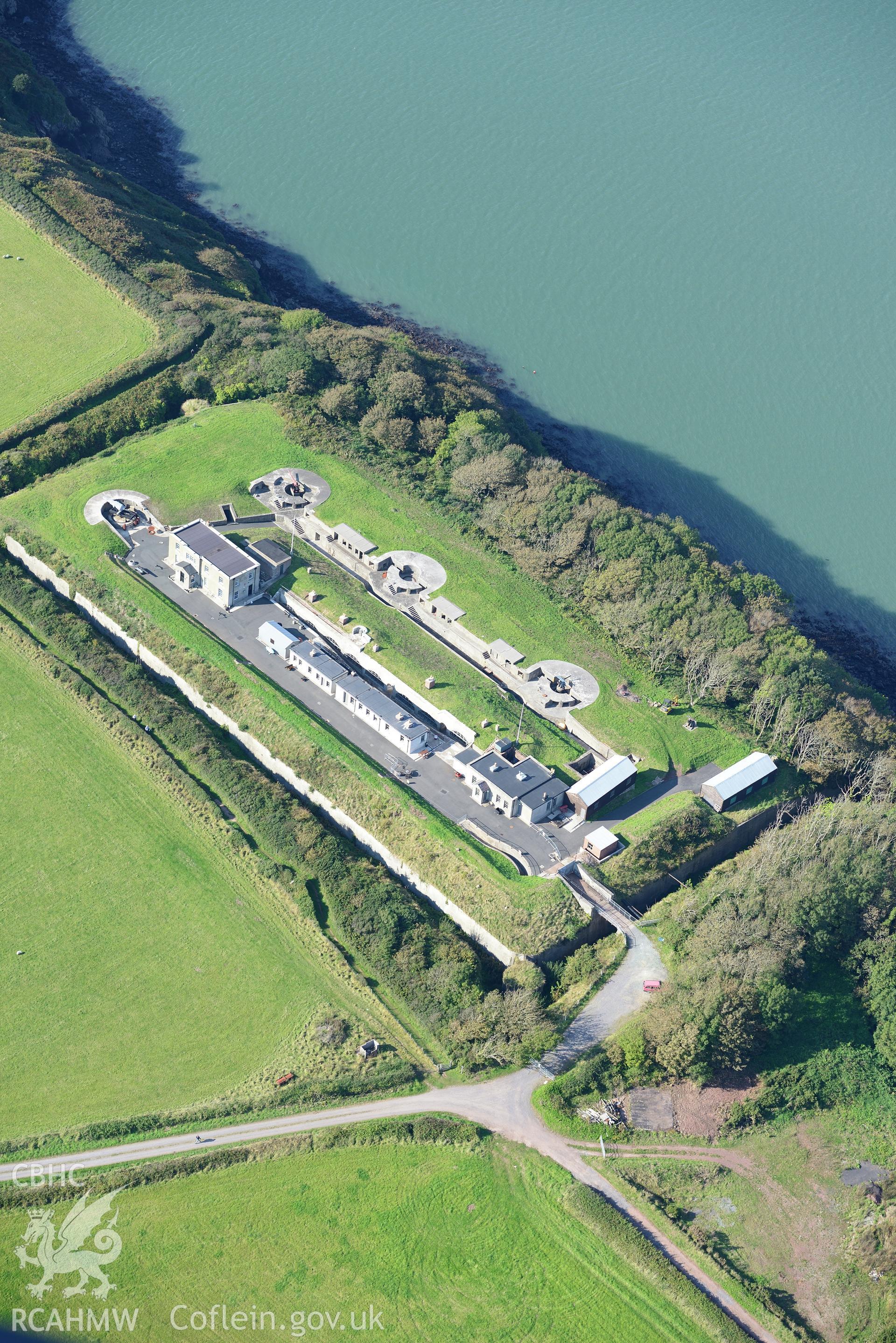 Chapel Bay Fort, west of Pembroke Dock. Oblique aerial photograph taken during the Royal Commission's programme of archaeological aerial reconnaissance by Toby Driver on 30th September 2015.