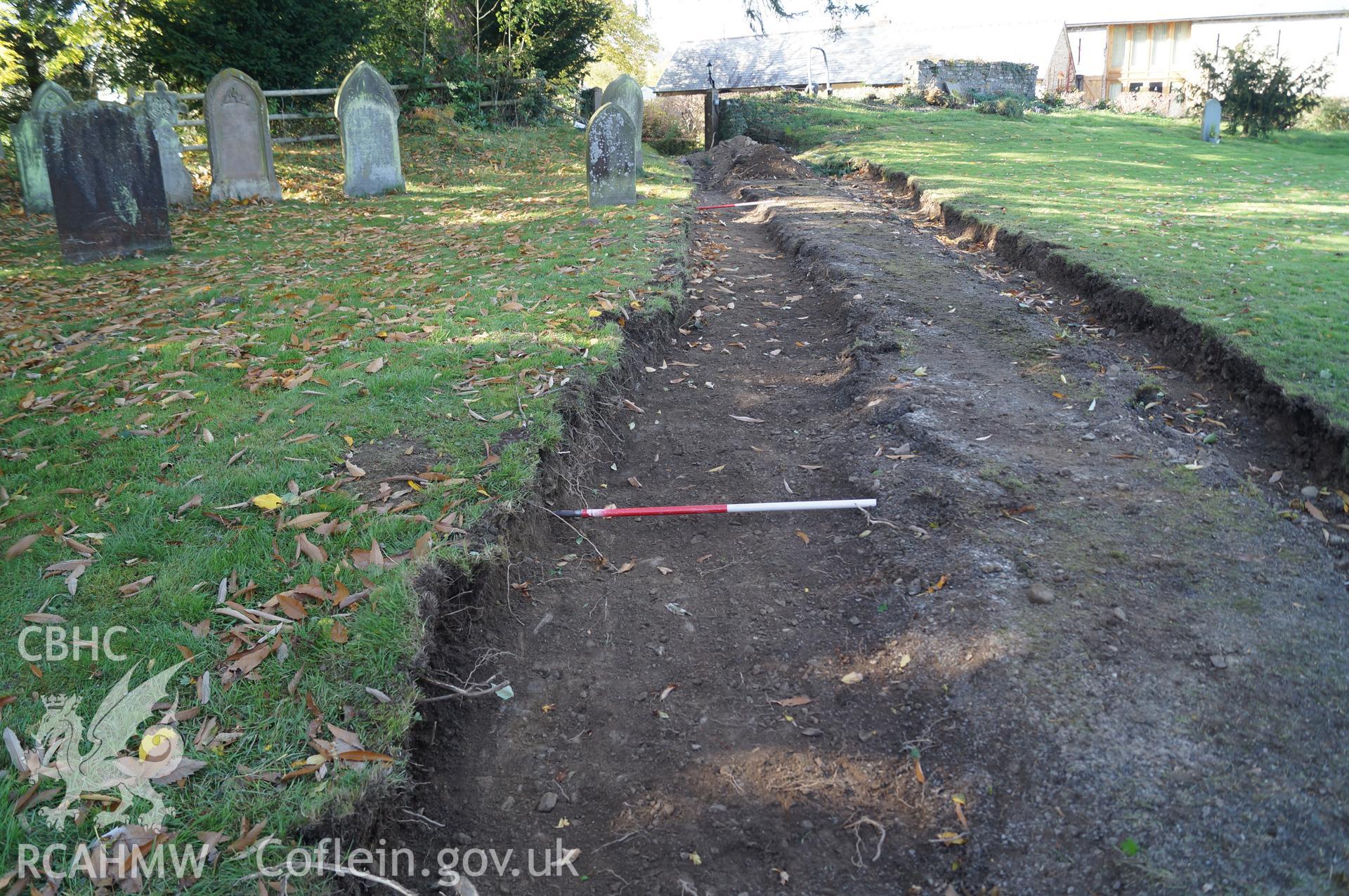 View 'looking west northwest at Trench B after cleaning,' at St. Mary's, Gladestry, Powys. Photograph & description by Jenny Hall and Paul Sambrook of Trysor, 16th October 2017.
