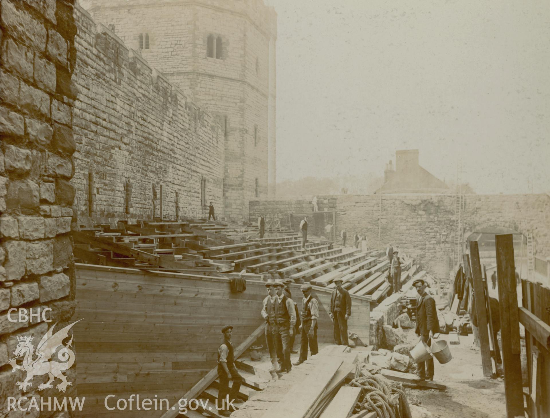 Digital copy of black and white photograph relating to Caernarfon Castle: showing preparations for the Investiture of the Prince of Wales in 1911.
