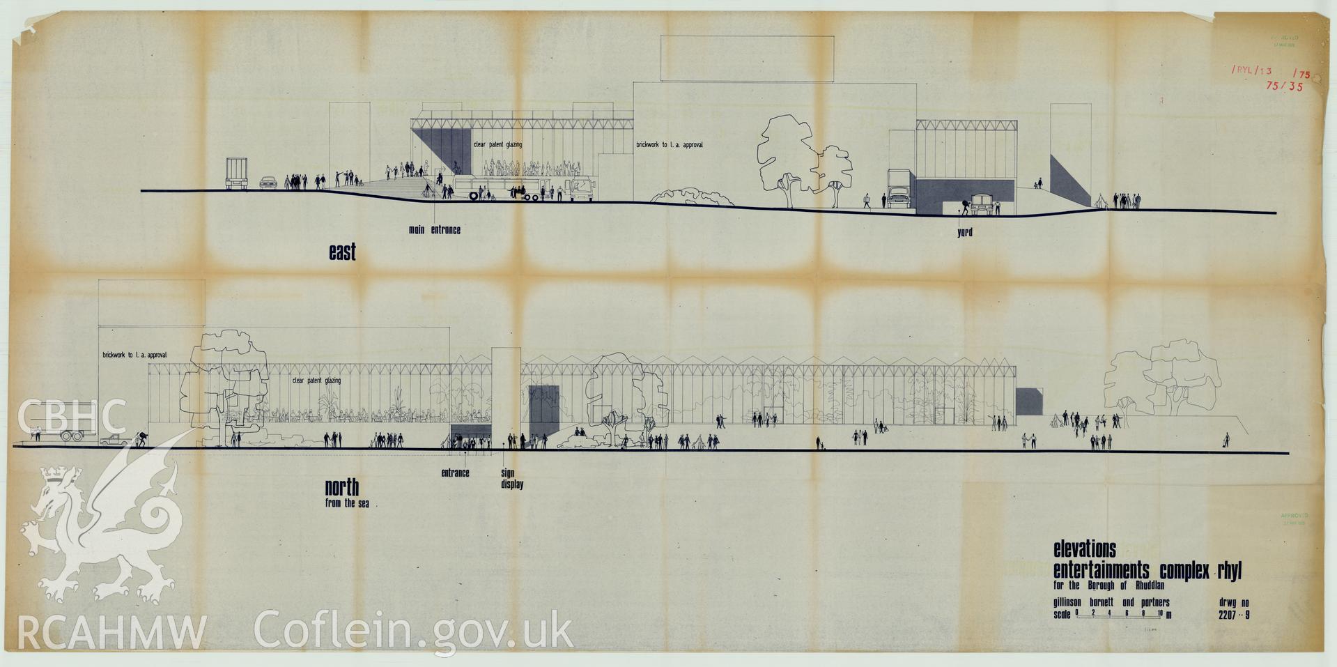 Digital copy of a measured drawing showing elevations of the Sun Centre, Rhyl, produced by Gillinson Barnett and Partners, 1975. Loaned for copying by Denbighshire County Council.