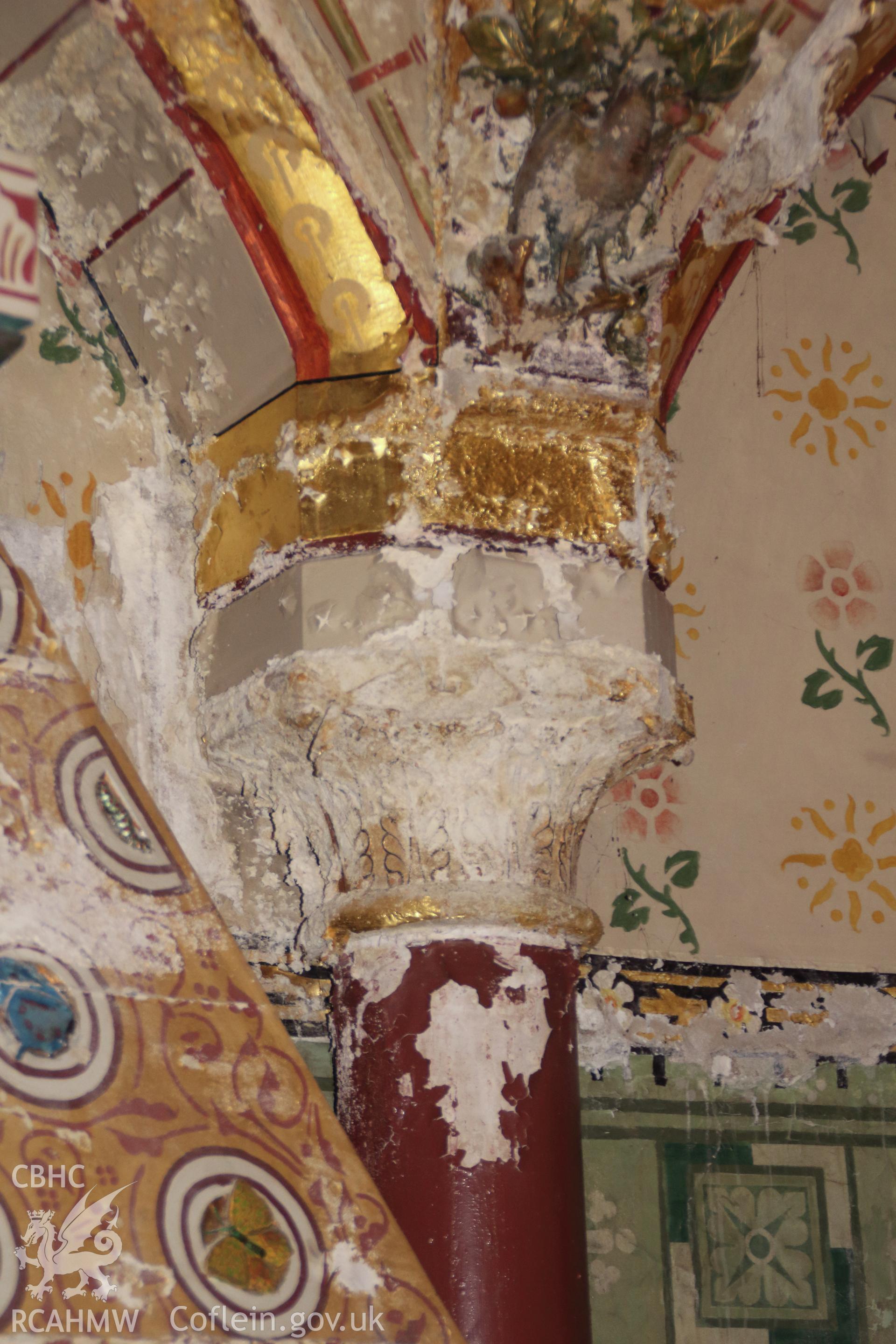 Detail of pillar in Lady Bute's Bedroom at Castell Coch, 1st April 2019. From "Castell Coch, Tongwynlais. Archaeological Building Investigation & Recording & Watching Brief" by Richard Scott Jones of Heritage Recording Services Wales. Report No 202.