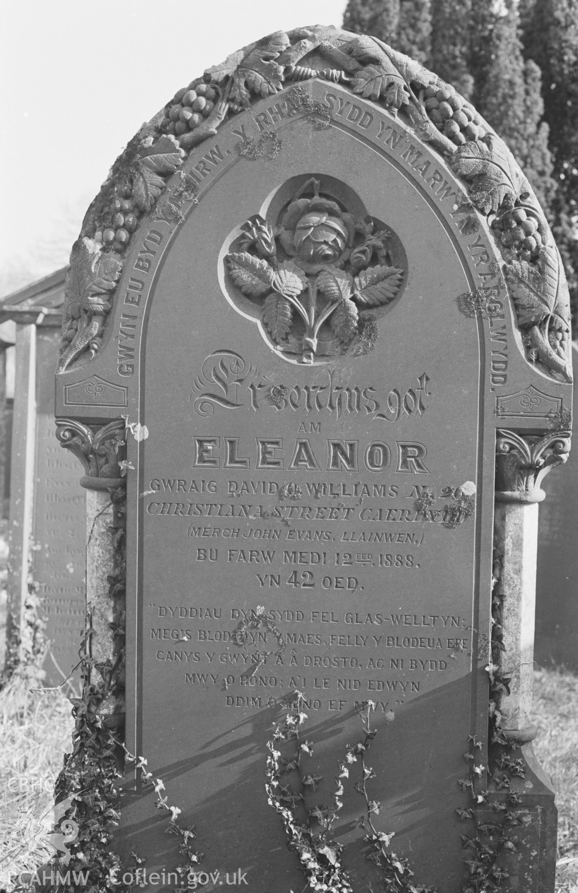 Digital copy of a black and white negative showing Eleanor Williams' gravestone, Pensarn Welsh Calvinistic Methodist chapel, Hafod Iwan, Caerwedros. Photographed by Arthur O. Chater on 11th April 1968 from Grid Reference SN 381 548.