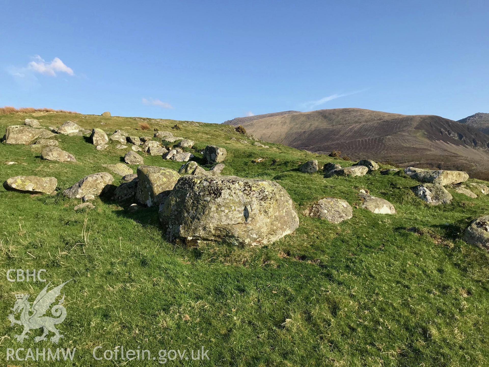 Colour photo showing view of Maes-y-Gaer Settlement, Aber, taken by Paul R. Davis, 2018.