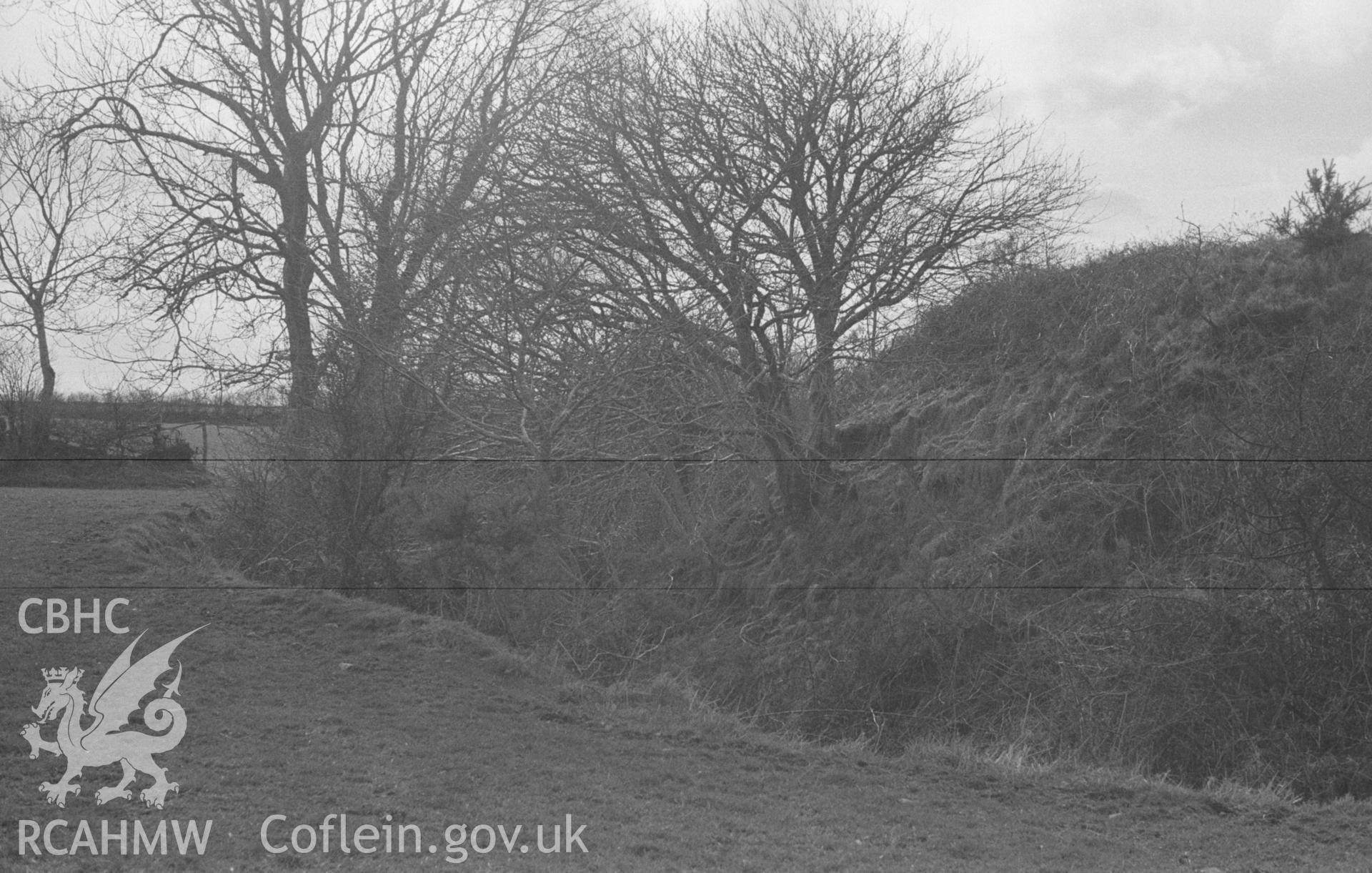 Digital copy of black & white negative showing southern side of the Norman motte 100m north east of site of St Mary's church, Llanfair Trefhelygen. Photographed in April 1963 by Arthur O. Chater from Grid Reference SN 3444 4420, looking west south west.