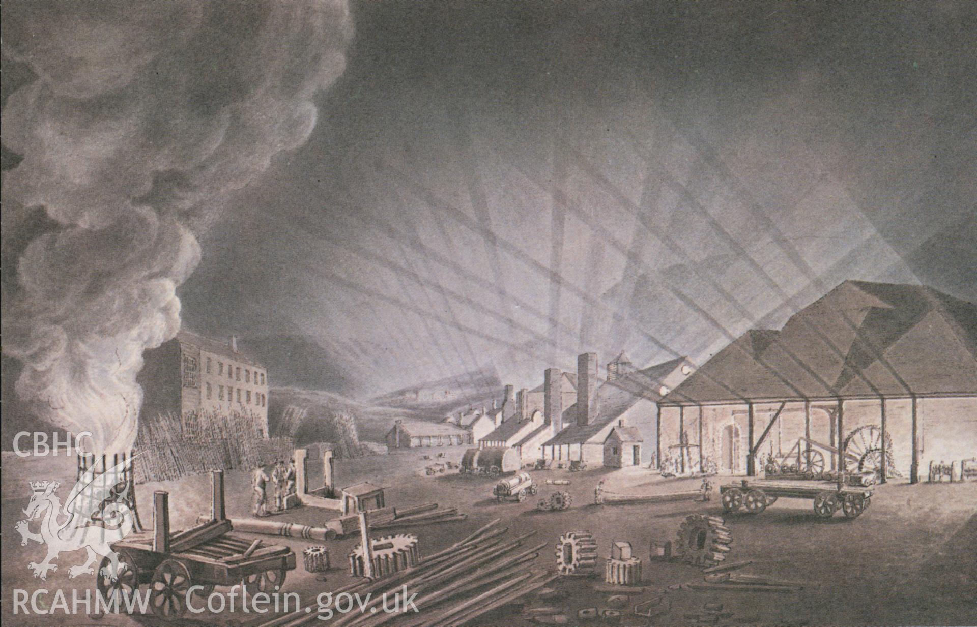 Digital copy of a postcard view of watercolour picture of Cyfarthfa ironworks, Merthyr Tydfil at night 1819.