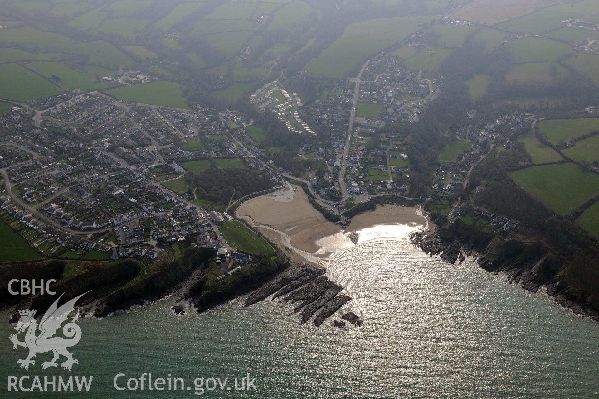Aerial photography of Aberporth village taken on 27th March 2017. Baseline aerial reconnaissance survey for the CHERISH Project. ? Crown: CHERISH PROJECT 2017. Produced with EU funds through the Ireland Wales Co-operation Programme 2014-2020. All material made freely available through the Open Government Licence.