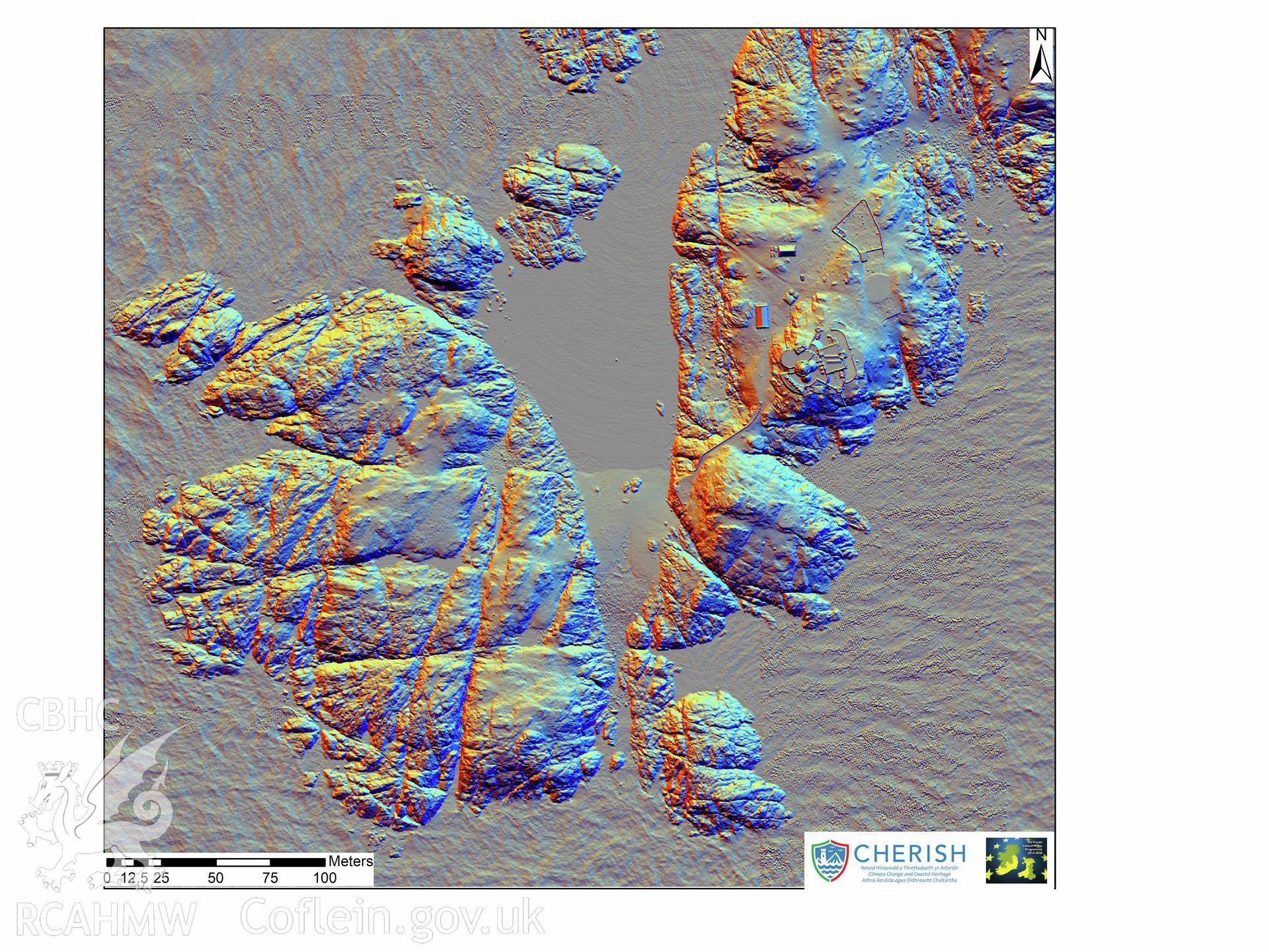Ynysoedd y Moelrhoniaid (The Skerries Islet). Airborne laser scanning (LiDAR) commissioned by the CHERISH Project 2017-2021, flown by Bluesky International LTD at low tide on the 24th of February 2017. Southern view showing the ploughed fields. This LiDAR reading shows a digital surface model (DSM) with multi hill shading.