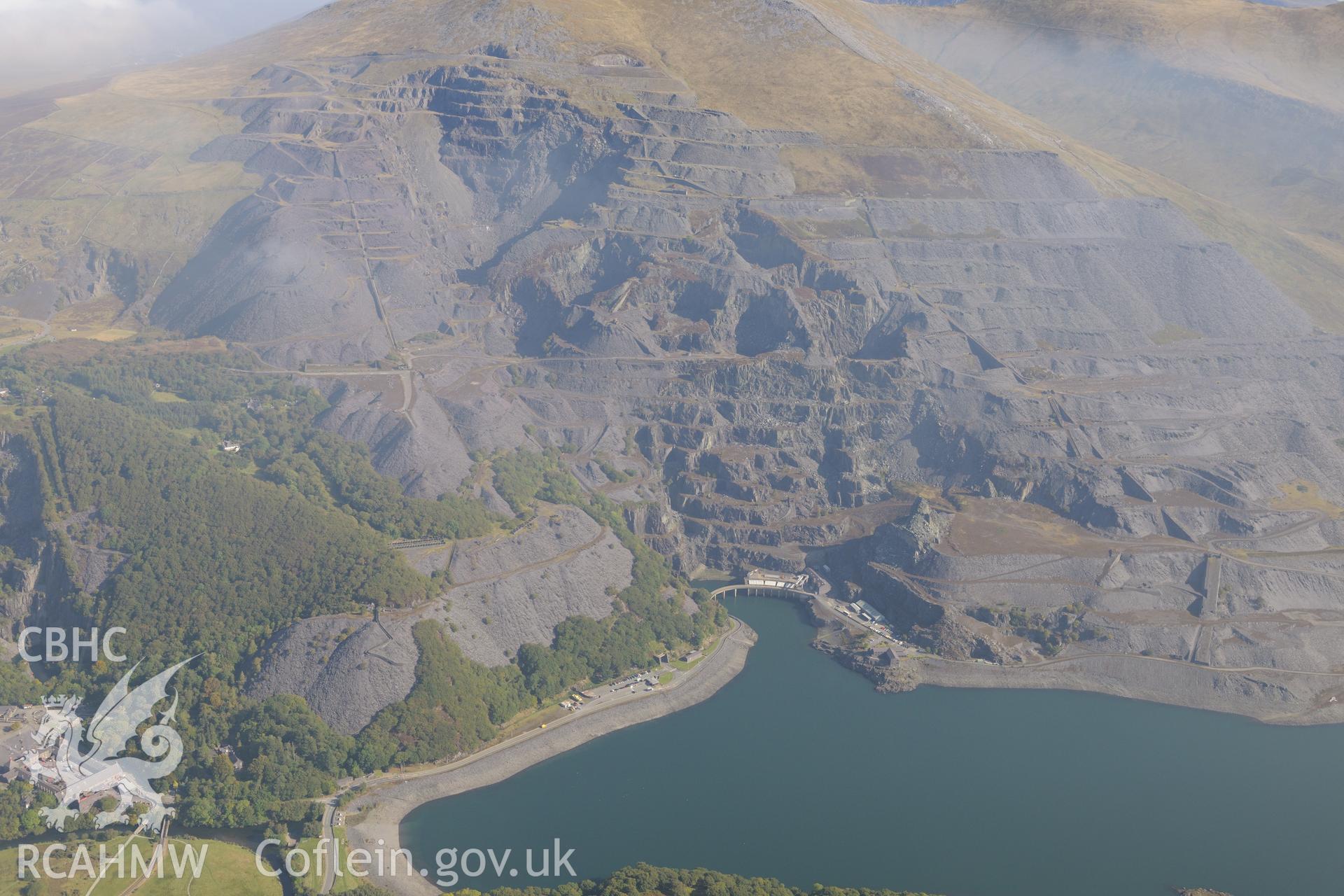 Dinorwic slate quarry; Dinorwig hydro-electric power station (Electric Mountain) and Llyn Peris reservoir, Llanberis. Oblique aerial photograph taken during the Royal Commission's programme of archaeological aerial reconnaissance by Toby Driver on 2nd October 2015.