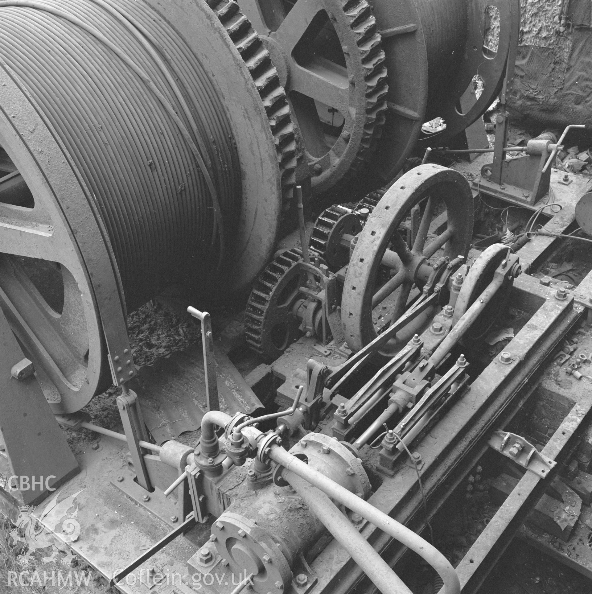 Digital copy of an acetate negative showing steam winder at Cefn Coed Colliery, from the John Cornwell Collection.