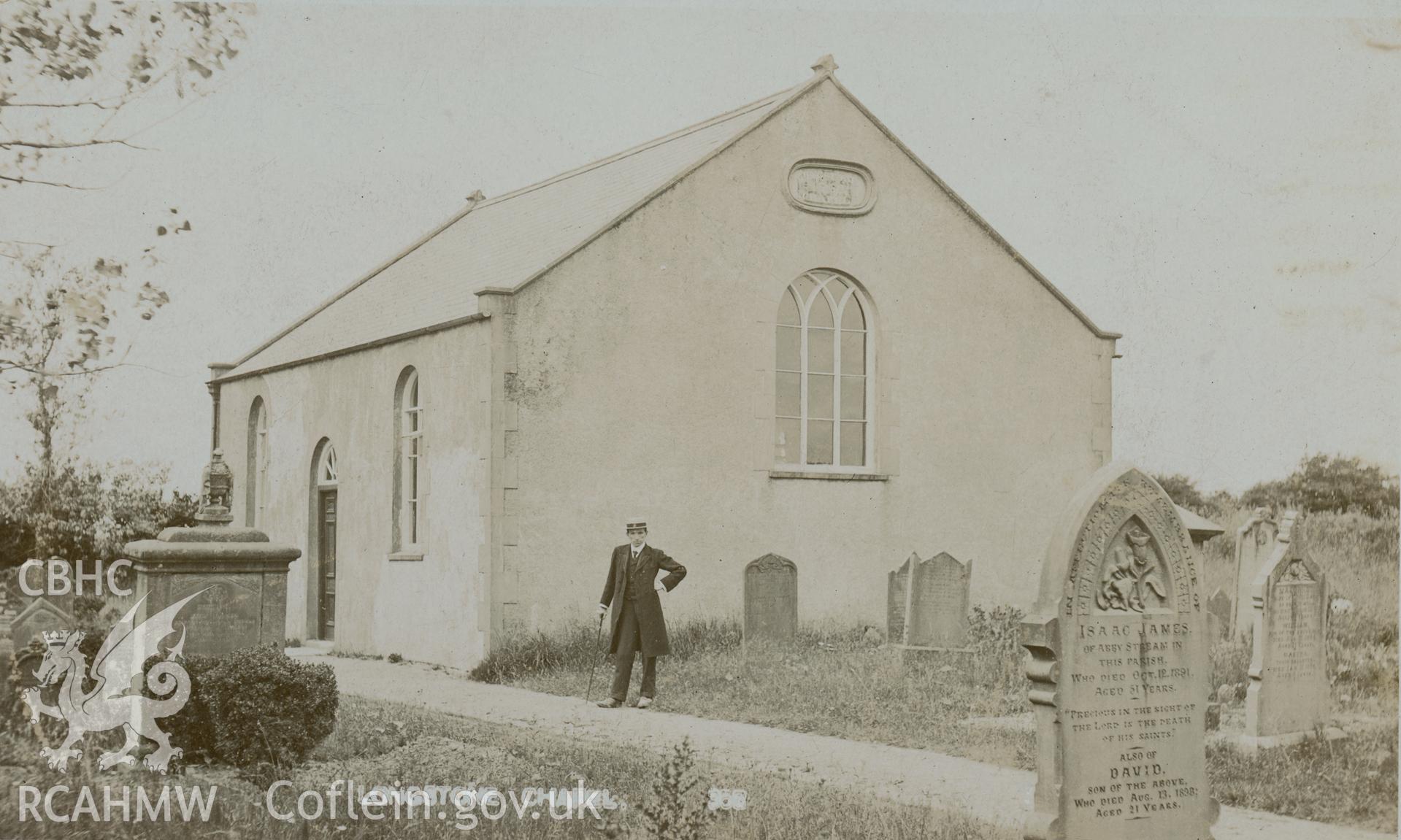 Digital copy of monochrome postcard showing exterior view of Longstone Congregational chapel, Longstone, Lampeter Velfrey. Photograph by W. John, Clynderwen, Pembrokeshire. Loaned for copying by Thomas Lloyd.