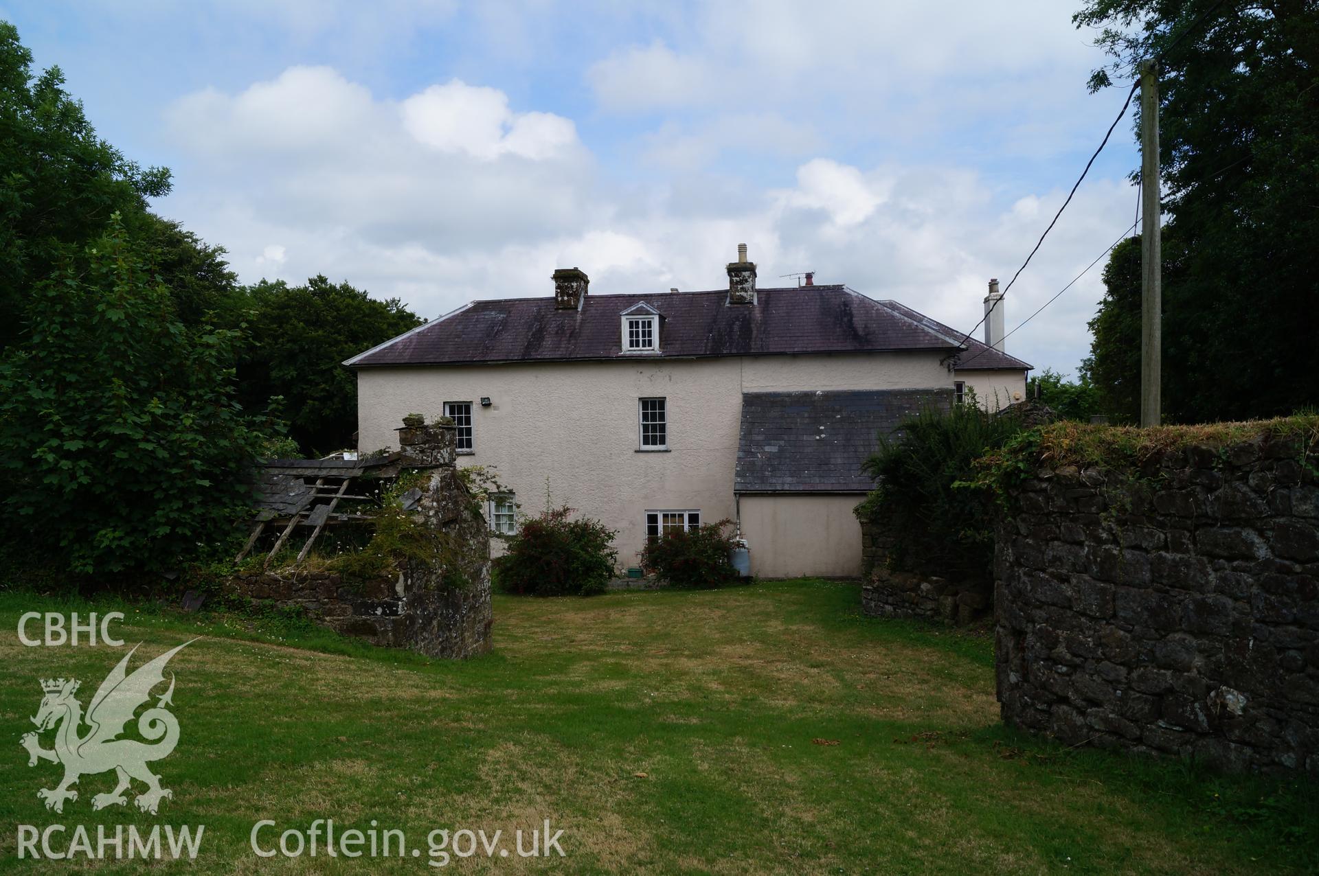 View 'looking east southeast at northwestern face of Robeston House, looking at the location of the new sun room, with garden wall to the right and ruined cottage to the left.' Photograph & description by Jenny Hall & Paul Sambrook of Trysor, 22/06/2017.