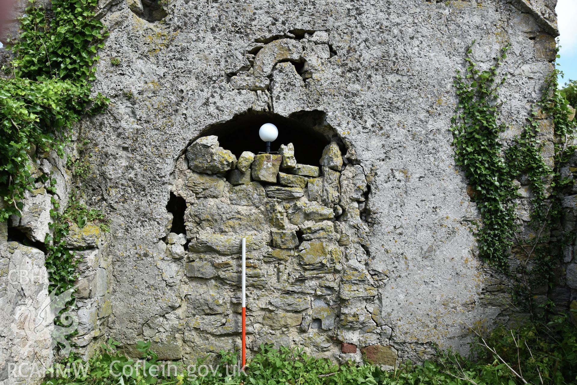 Investigator's photographic survey of the church on Puffin Island or Ynys Seiriol for the CHERISH Project. View from south showing the blocked archway into the tower from the transept on the south side. ? Crown: CHERISH PROJECT 2018. Produced with EU funds through the Ireland Wales Co-operation Programme 2014-2020. All material made freely available through the Open Government Licence.