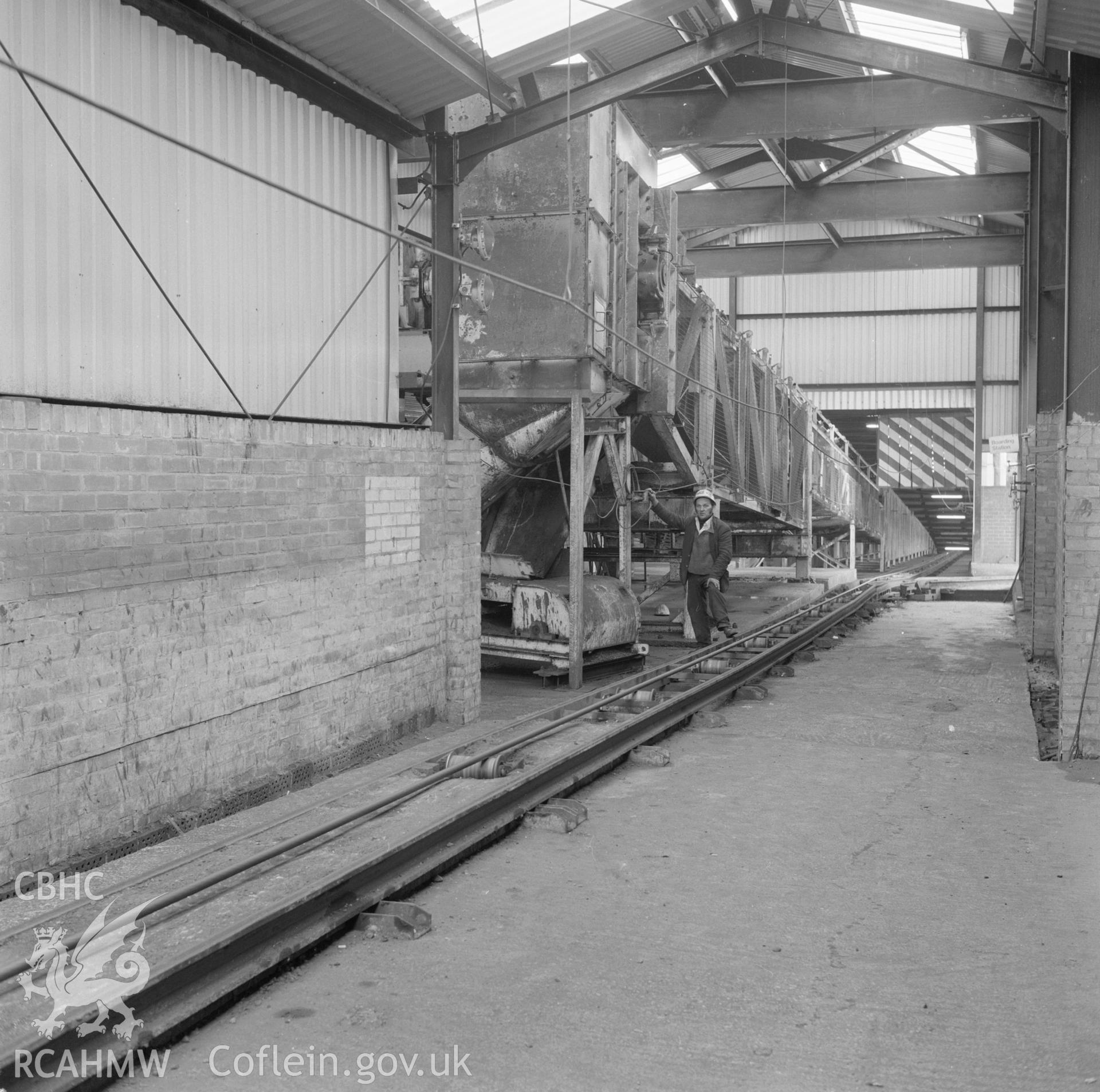 Digital copy of an acetate negative showing head of conveyor at Blaenant Colliery, from the John Cornwell Collection.