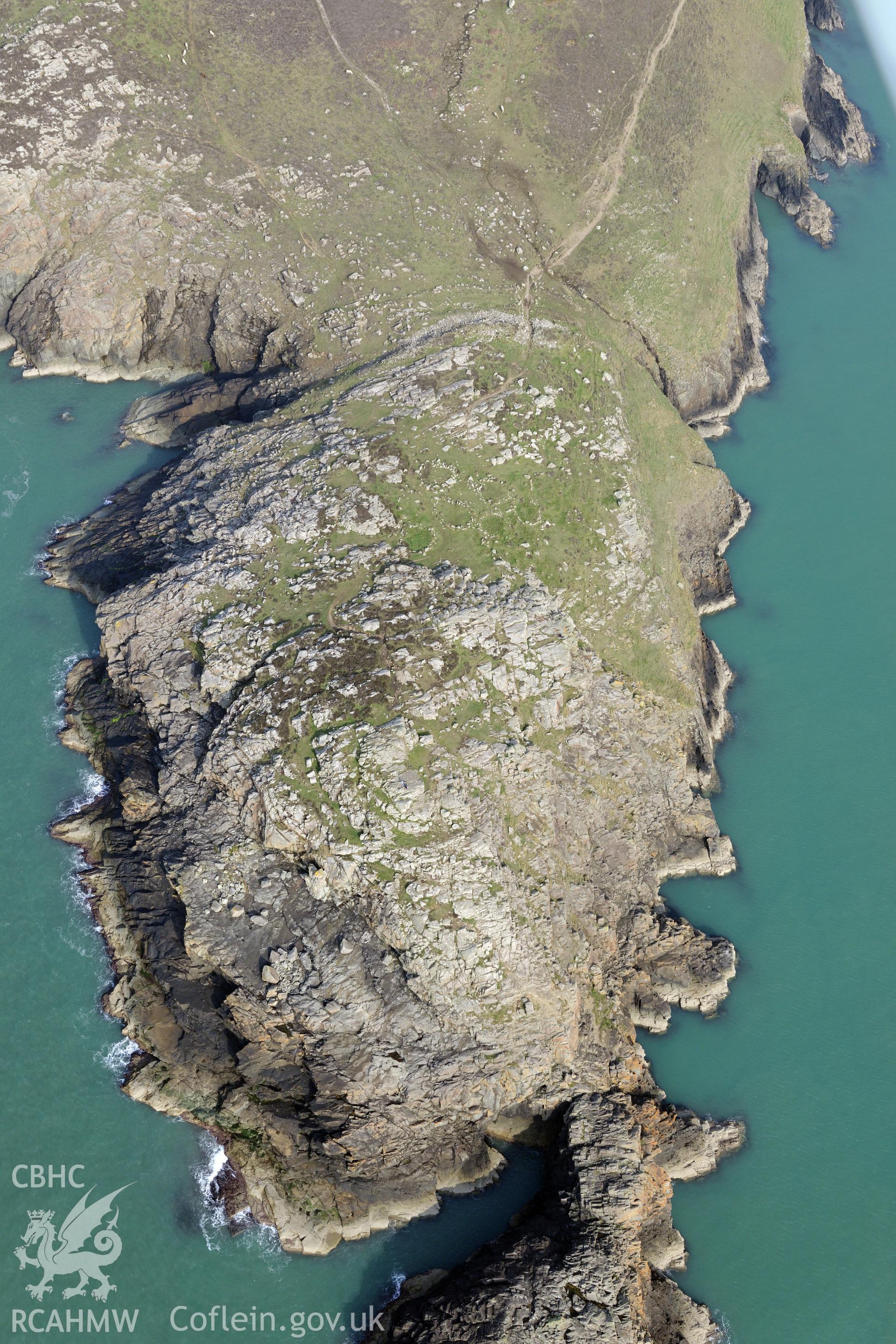 Aerial photography of St Davids Head camp taken on 27th March 2017. Baseline aerial reconnaissance survey for the CHERISH Project. ? Crown: CHERISH PROJECT 2019. Produced with EU funds through the Ireland Wales Co-operation Programme 2014-2020. All material made freely available through the Open Government Licence.