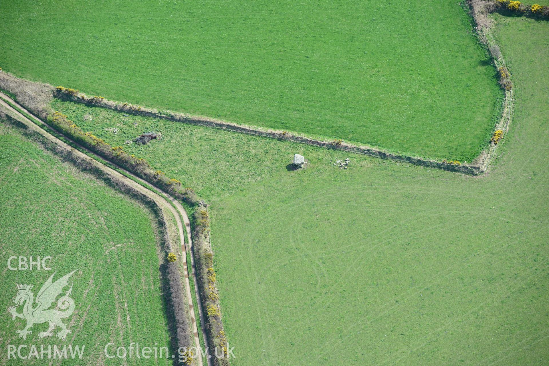 Llech-y-Drybedd. Oblique aerial photograph taken during the Royal Commission's programme of archaeological aerial reconnaissance by Toby Driver on 15th April 2015.