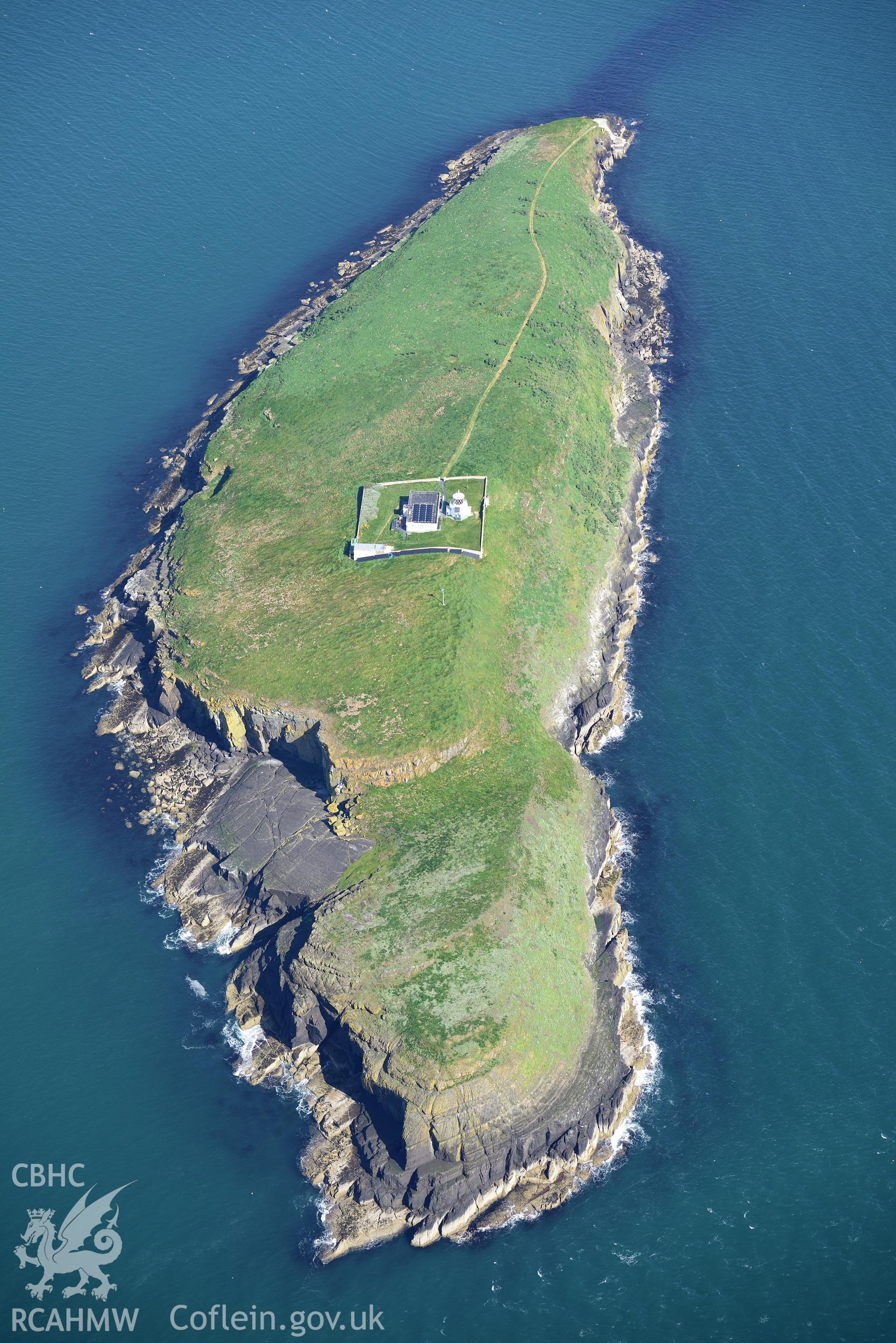 Aerial photography of St Tudwal's Island West taken on 3rd May 2017.  Baseline aerial reconnaissance survey for the CHERISH Project. ? Crown: CHERISH PROJECT 2017. Produced with EU funds through the Ireland Wales Co-operation Programme 2014-2020. All material made freely available through the Open Government Licence.