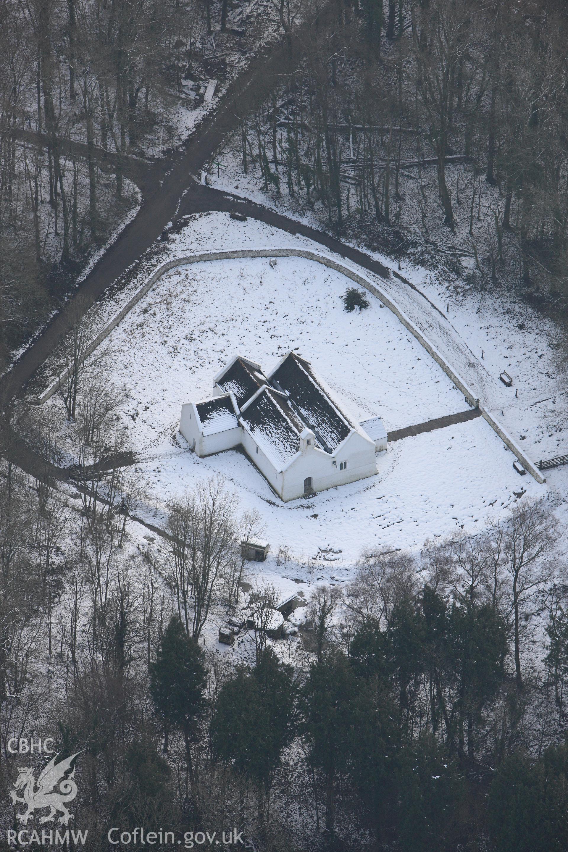 St Teilo's church at St Fagans Mueseum of Welsh Life. Oblique aerial photograph taken during the Royal Commission?s programme of archaeological aerial reconnaissance by Toby Driver on 24th January 2013.