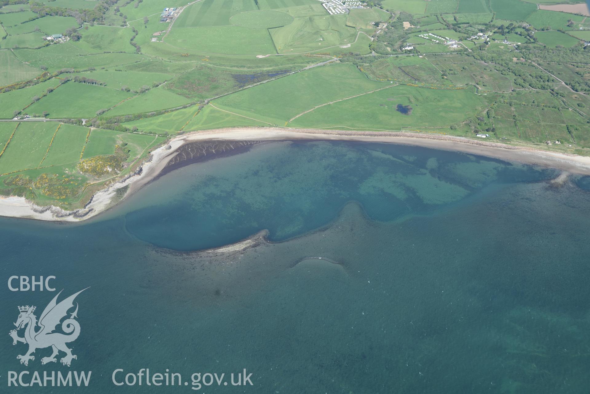 Aerial photography of Carreg y Defaid taken on 3rd May 2017.  Baseline aerial reconnaissance survey for the CHERISH Project. ? Crown: CHERISH PROJECT 2017. Produced with EU funds through the Ireland Wales Co-operation Programme 2014-2020. All material made freely available through the Open Government Licence.