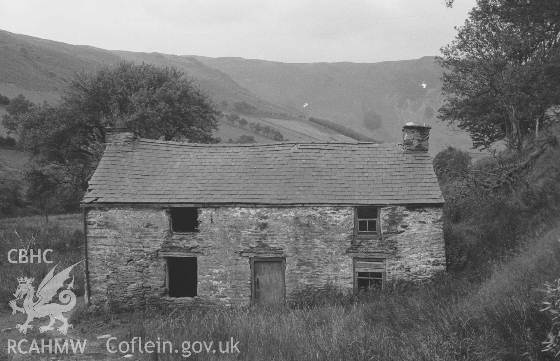 Digital copy of a black and white negative showing Cwm-rhaiadr-fach in the Llyfnant Valley, south of Machynlleth. Photographed by Arthur O. Chater in September 1966 looking south up Cwm Rhaiadr from Grid Reference SN 753 959.