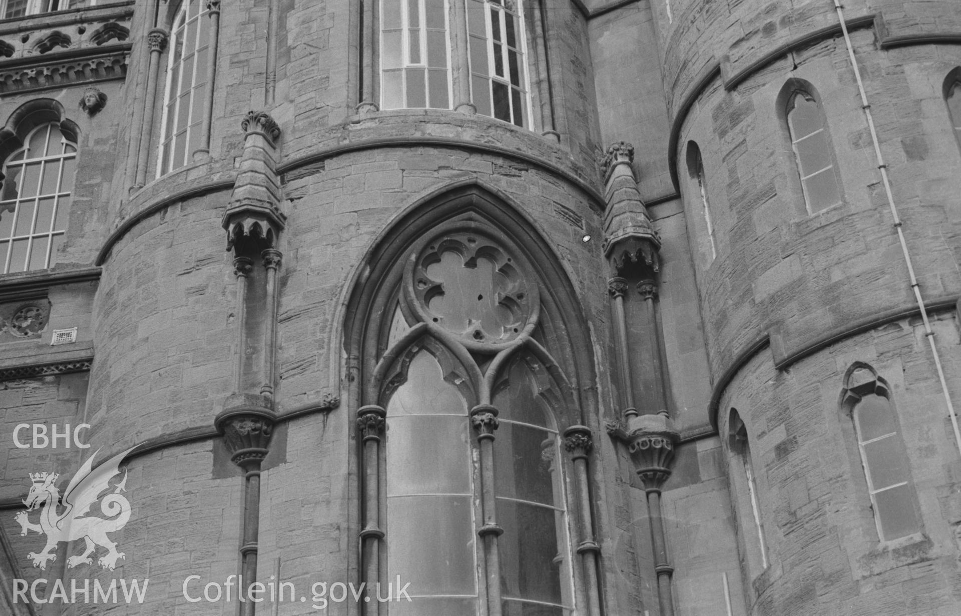 Digital copy of a black and white negative showing view looking up at windows to the right of the main entrance of Old College, Aberystwyth. Photographed by Arthur O. Chater on 13th April 1967 looking north west from Grid Reference SN 581 817.