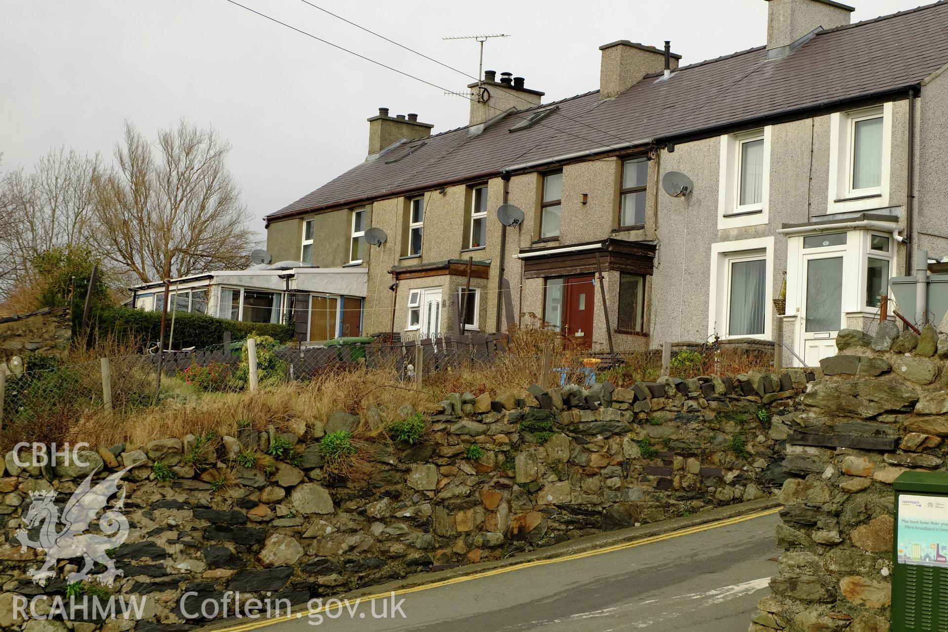 Colour photograph showing view looking north of houses on Gerlan Road at junction with Short Street, Gerlan, Bethesda, produced by Richard Hayman 16th March 2017