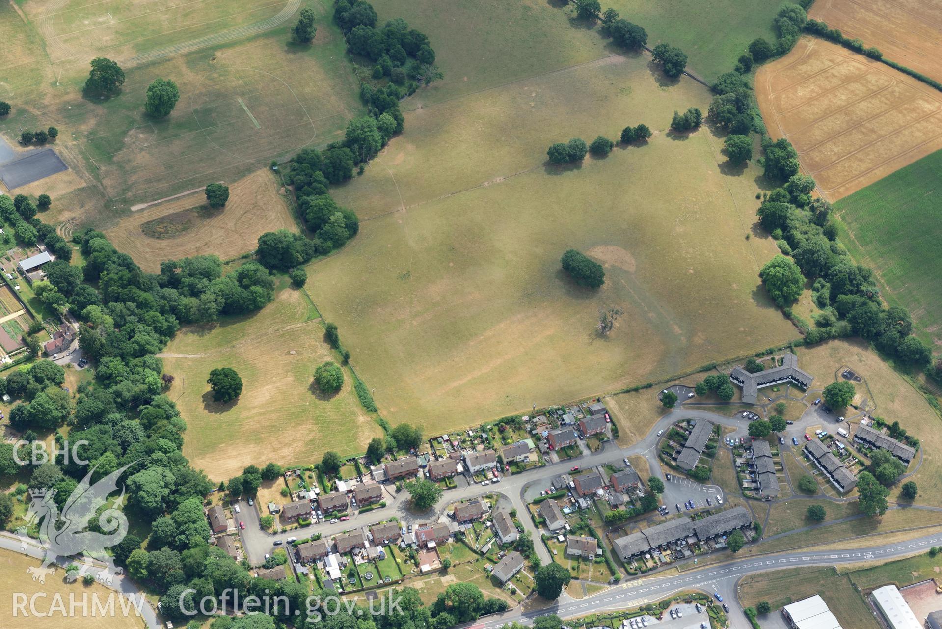 Royal Commission aerial photography of Three Cocks Roman fort taken on 19th July 2018 during the 2018 drought.