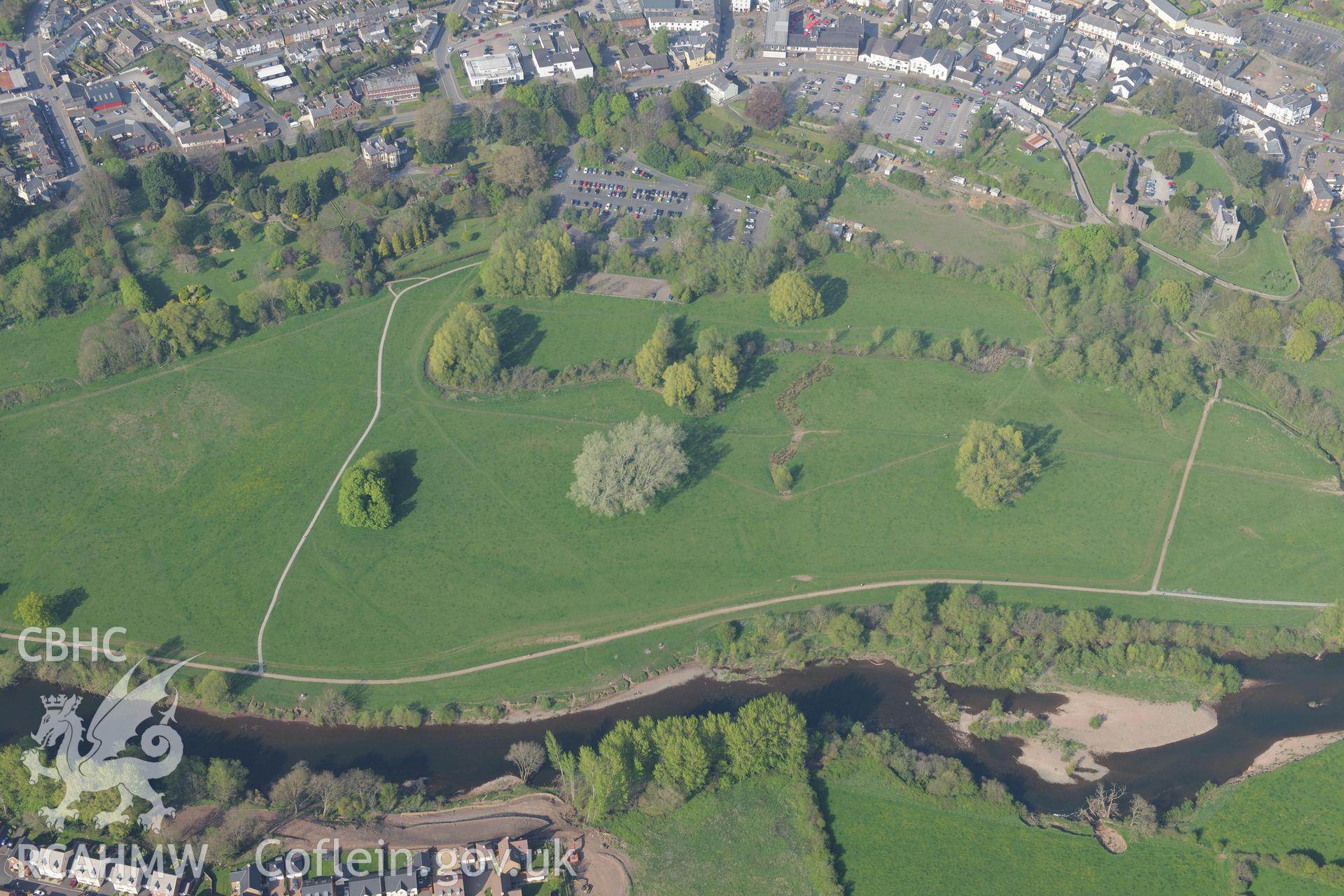 Abergavenny Castle and Castle Museum. Oblique aerial photograph taken during the Royal Commission's programme of archaeological aerial reconnaissance by Toby Driver on 21st April 2015.