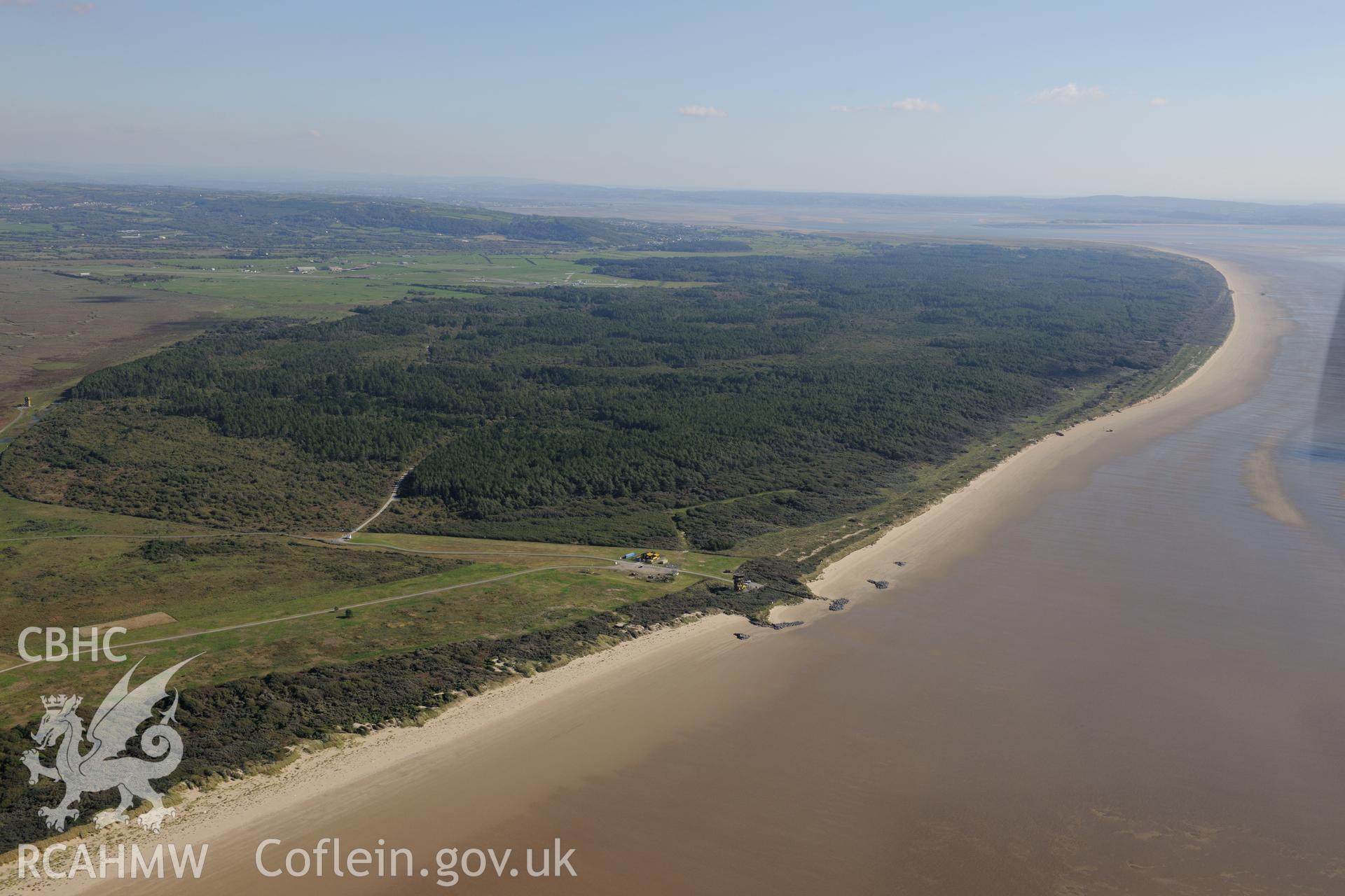 Pembrey Sands air weapons range above Cefn Sidan Sands, south west of Kidwelly. Oblique aerial photograph taken during the Royal Commission's programme of archaeological aerial reconnaissance by Toby Driver on 30th September 2015.