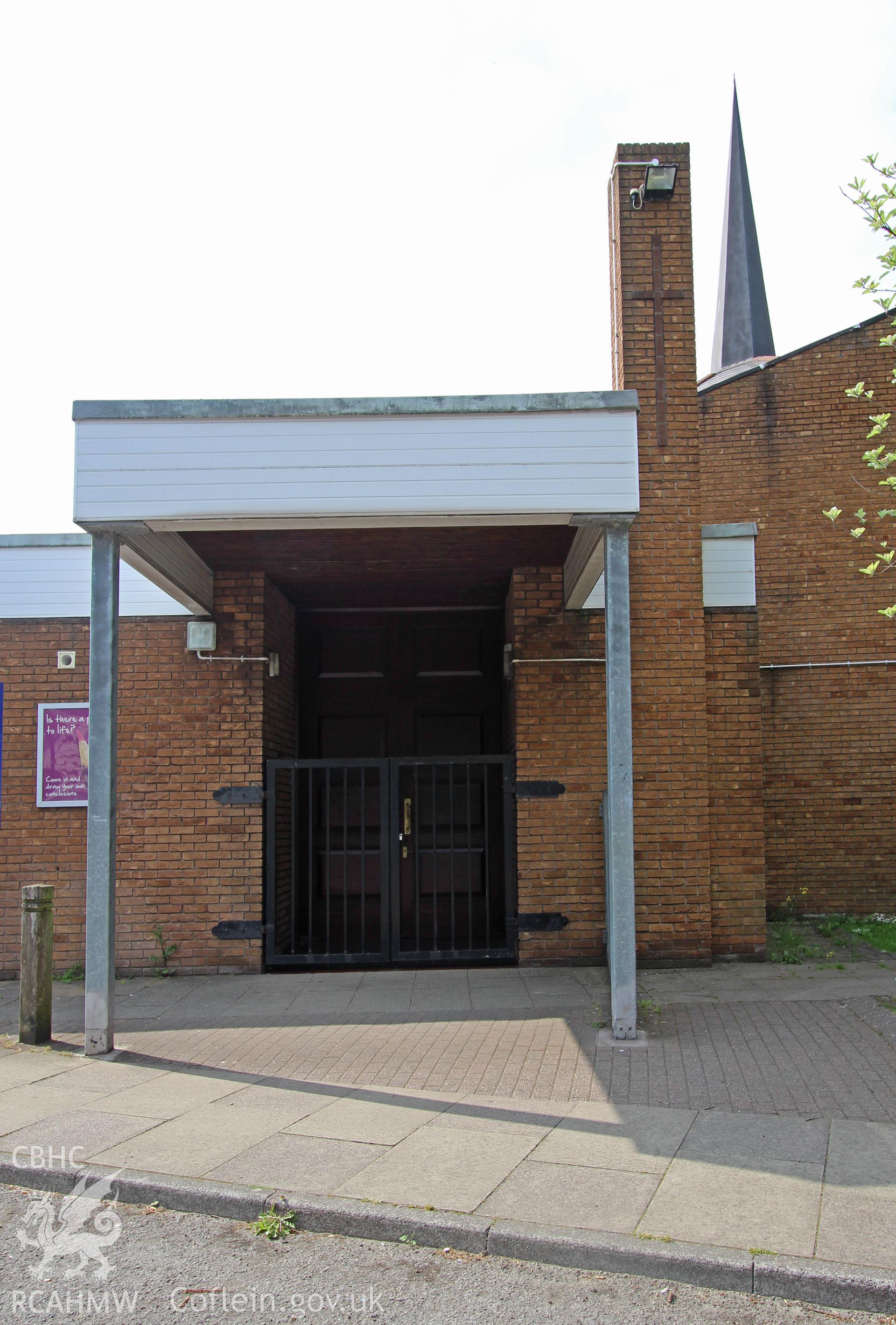 Colour photograph showing exterior view of the entrance to the Riverside chapel, Port Talbot. Photographed during survey conducted by Geoff Ward on 5th July 2016.