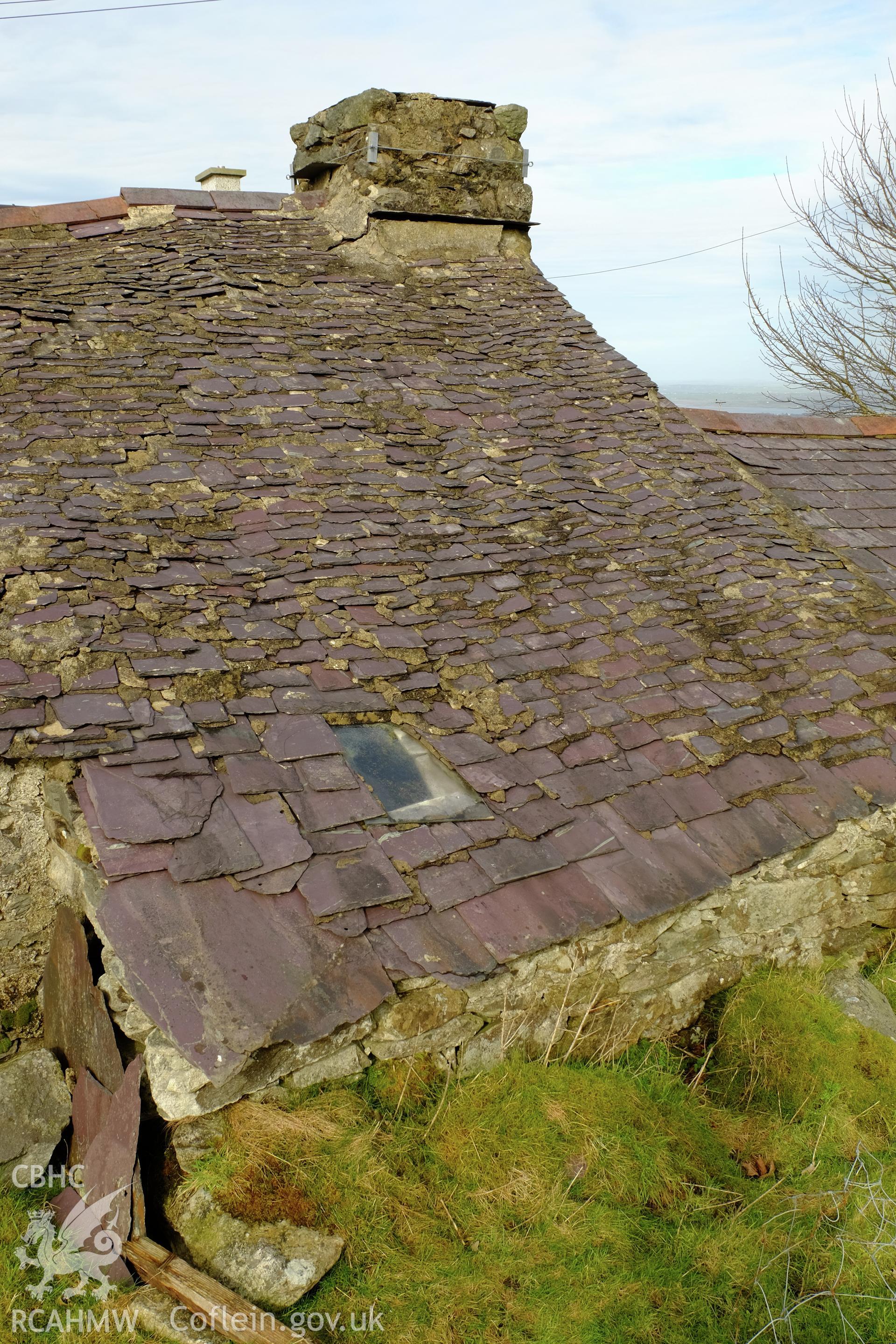 Colour photograph showing view looking at the detail of the roof at the rear of the old house at Bryn Tirion, Cilgwyn, produced by Richard Hayman 7th March 2017