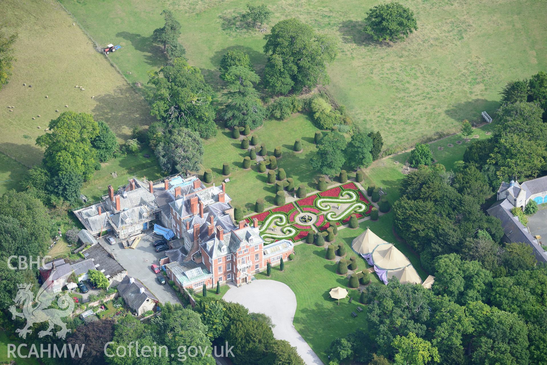 Bodrhyddan Hall and Garden, Dyserth. Oblique aerial photograph taken during the Royal Commission's programme of archaeological aerial reconnaissance by Toby Driver on 11th September 2015.