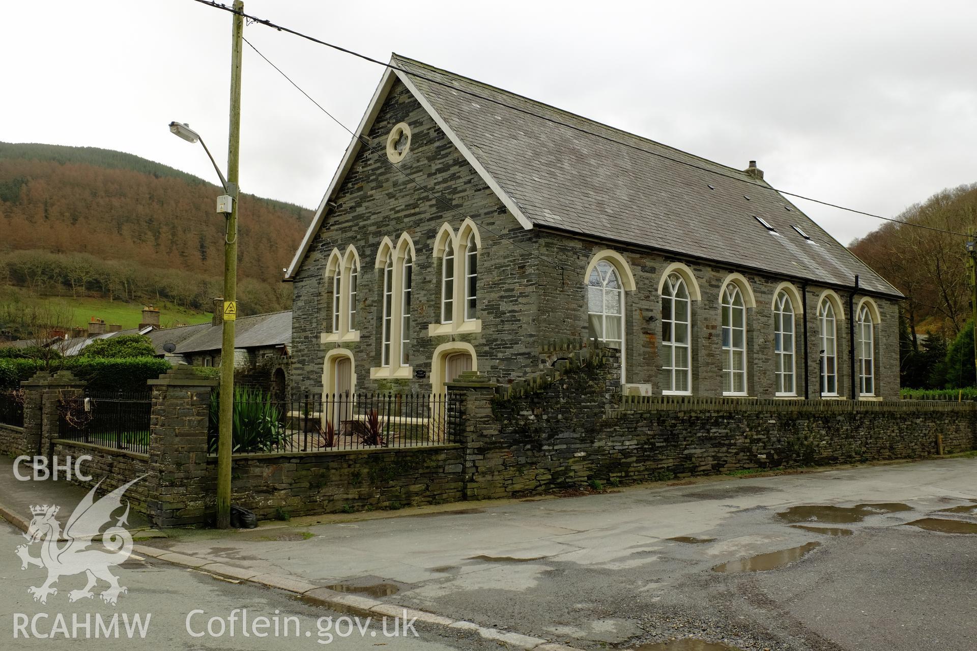 Colour photograph showing view looking south west at Capel Jerusalem, Abergynolwyn, produced by Richard Hayman 23rd February 2017