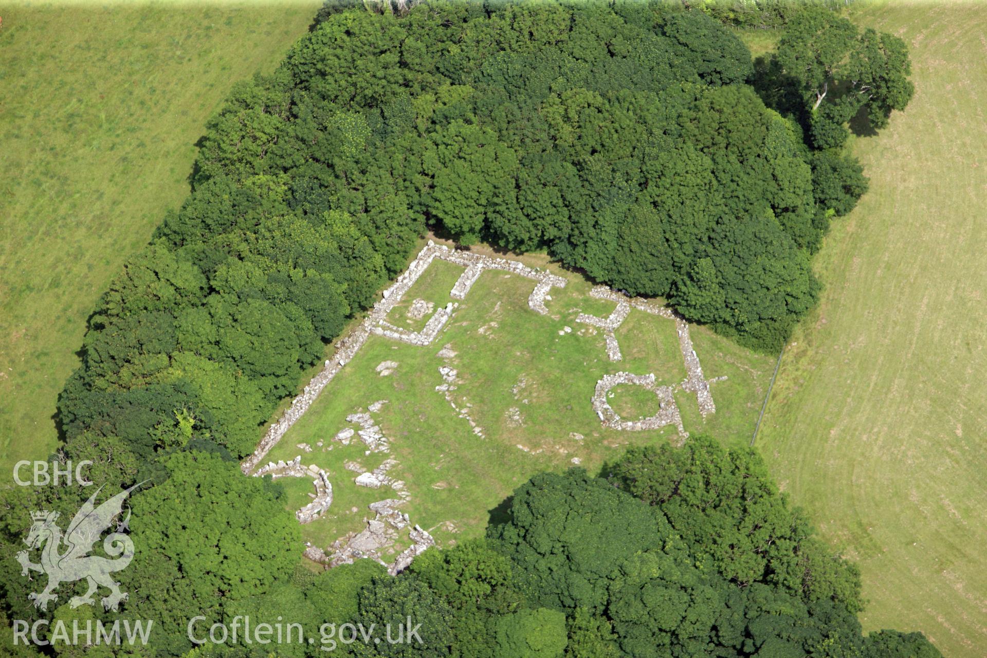 Din Lligwy settlement, Moelfre. Oblique aerial photograph taken during the Royal Commission?s programme of archaeological aerial reconnaissance by Toby Driver on 12th July 2013.