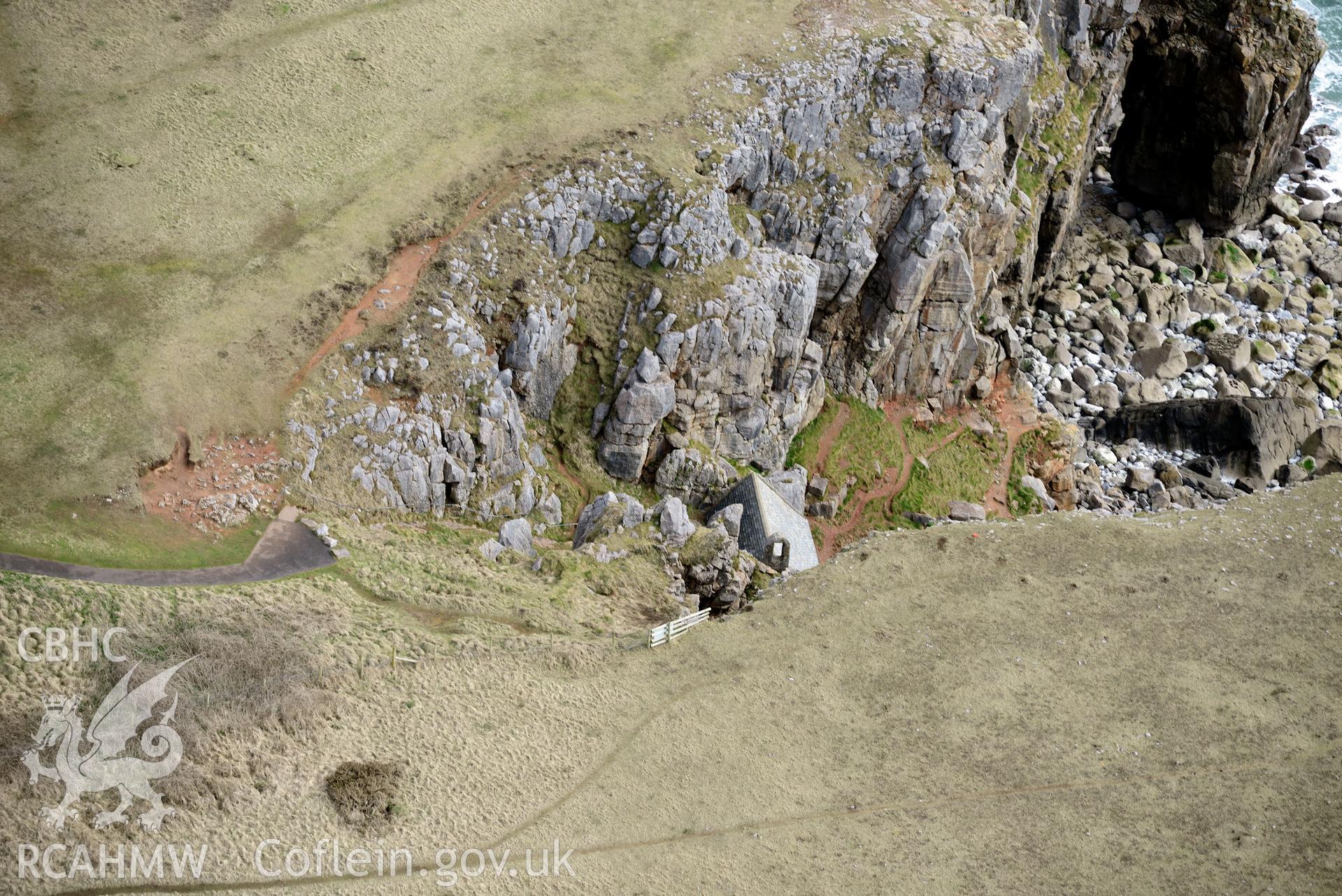 St Govan's Chapel. Baseline aerial reconnaissance survey for the CHERISH Project. ? Crown: CHERISH PROJECT 2018. Produced with EU funds through the Ireland Wales Co-operation Programme 2014-2020. All material made freely available through the Open Government Licence.