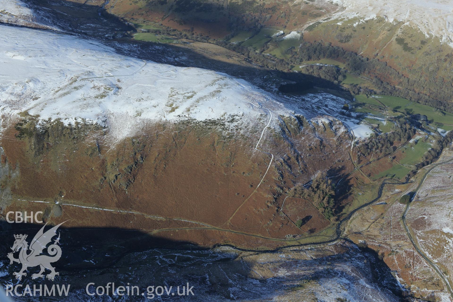 Nantycar copper and lead mine, south west of Rhayader. Oblique aerial photograph taken during the Royal Commission's programme of archaeological aerial reconnaissance by Toby Driver on 4th February 2015.